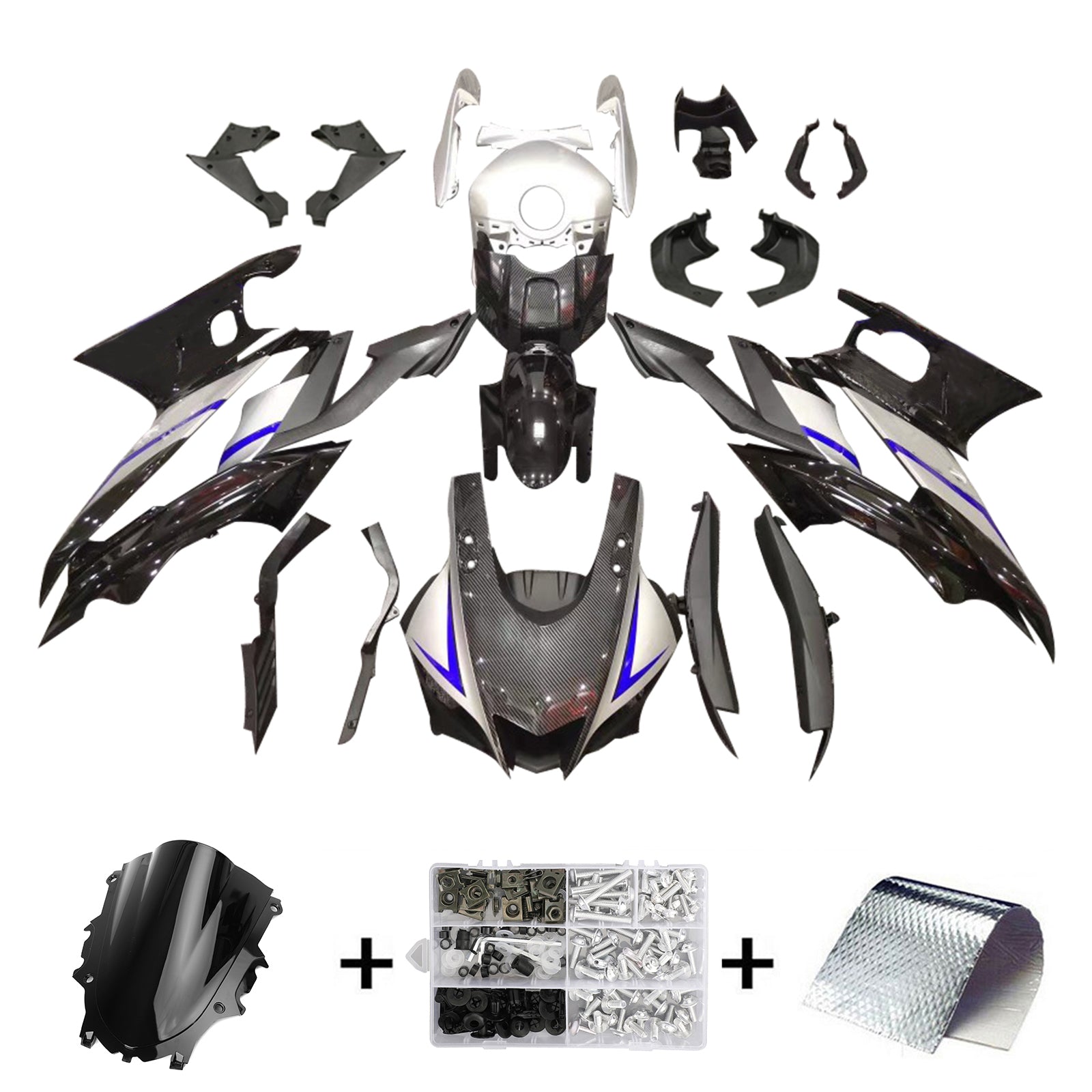 Amotopart Yamaha 2019-2021 YZF R3/YZF R25 Kit carena in fibra di carbonio nero e grigio Style2