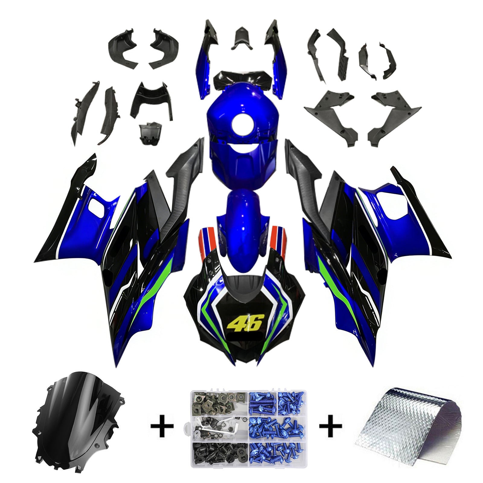 Amotopart Yamaha 2019-2021 YZF R3/YZF R25 Kit de carenado negro y azul Style8