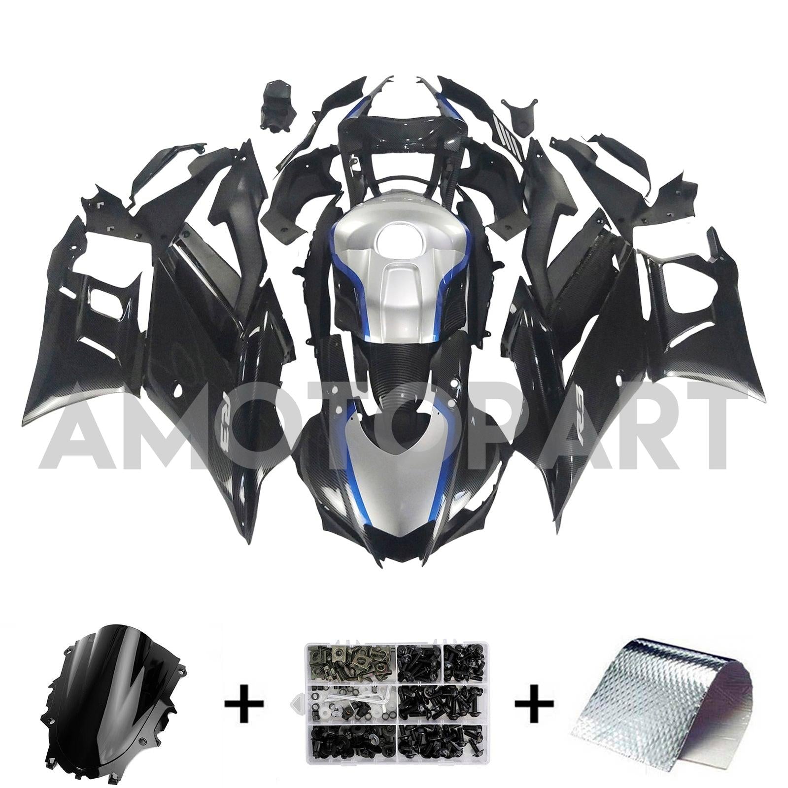 Amotopart 2019-2021 Yamaha YZF-R3 R25 Carbon Fiber Black Silver Fairing Kit