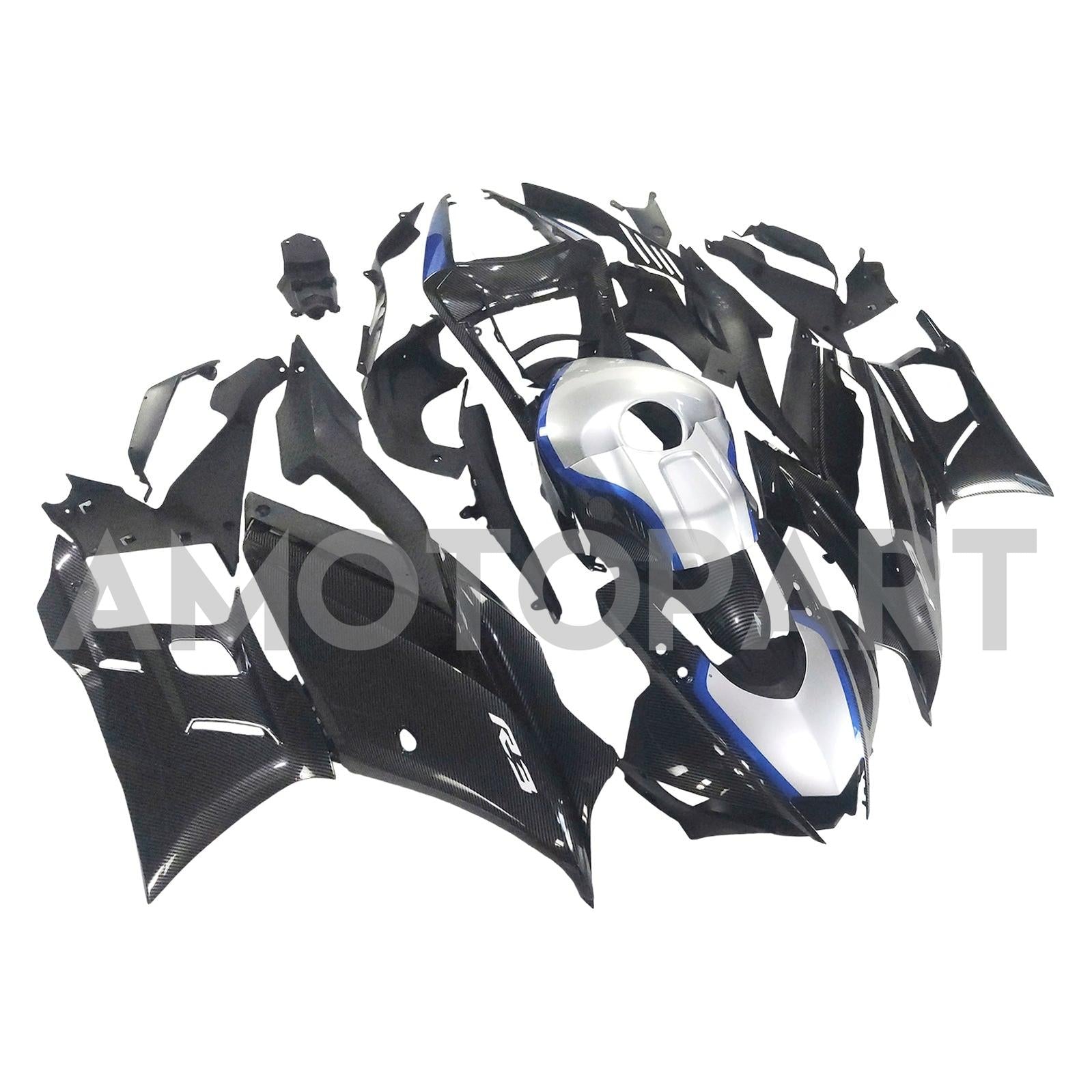 Amotopart 2019-2021 Yamaha YZF-R3 R25 Carbon Fiber Black Silver Fairing Kit