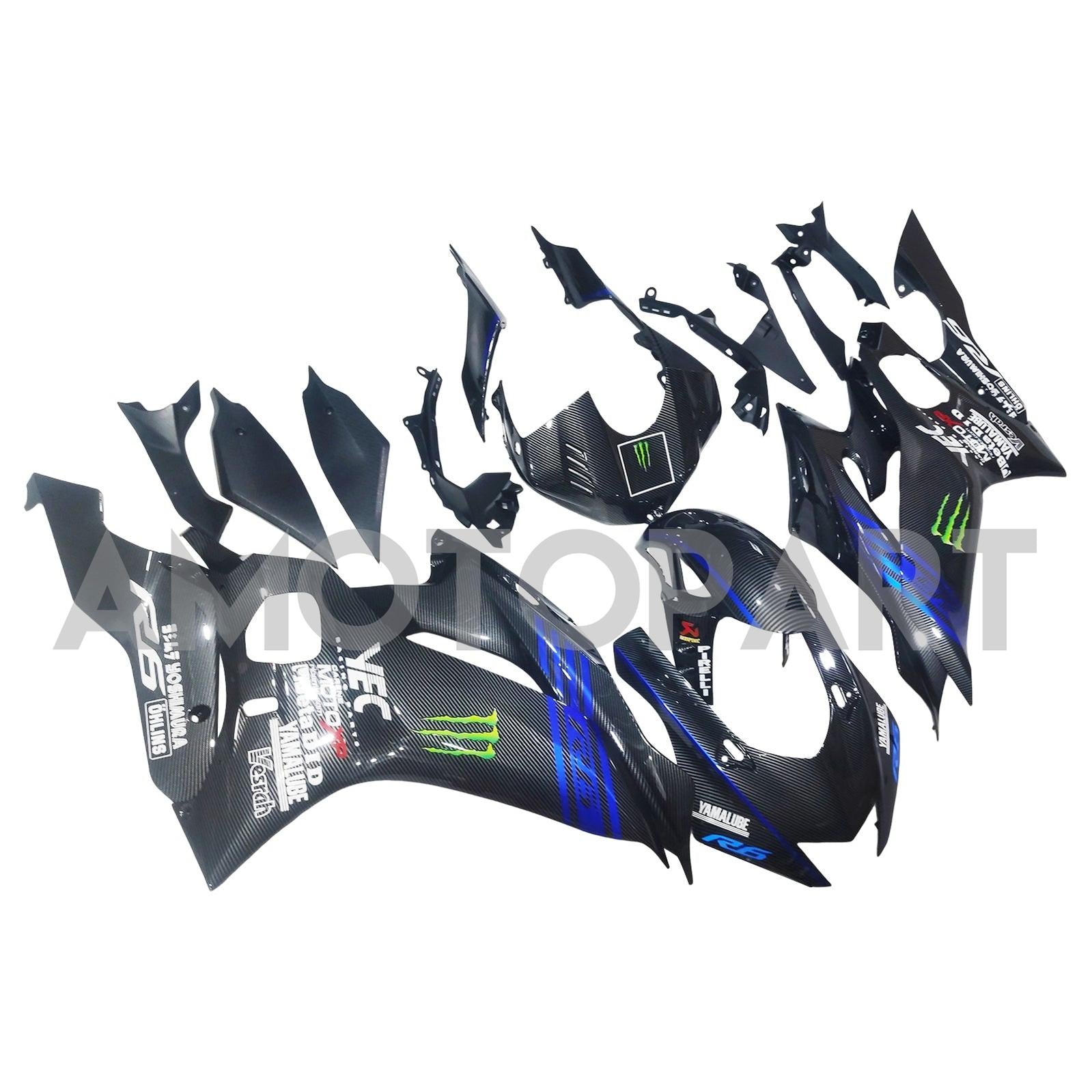 Amotopart 2017-2023 Yamaha YZF R6 Uhlíkové vlákno černé modré kapky