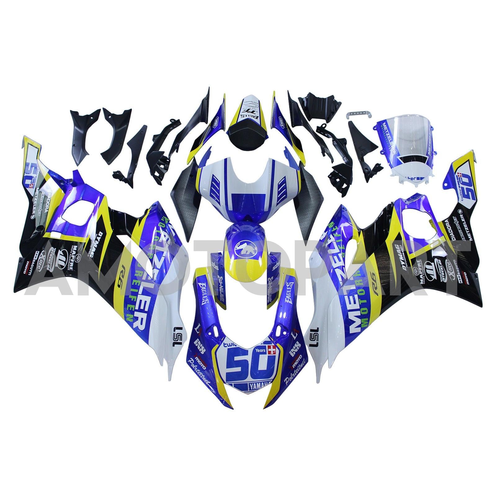 Amotopart 2017-2023 Yamaha YZF R6 White Blue Black Black Yellow Fearing Kit