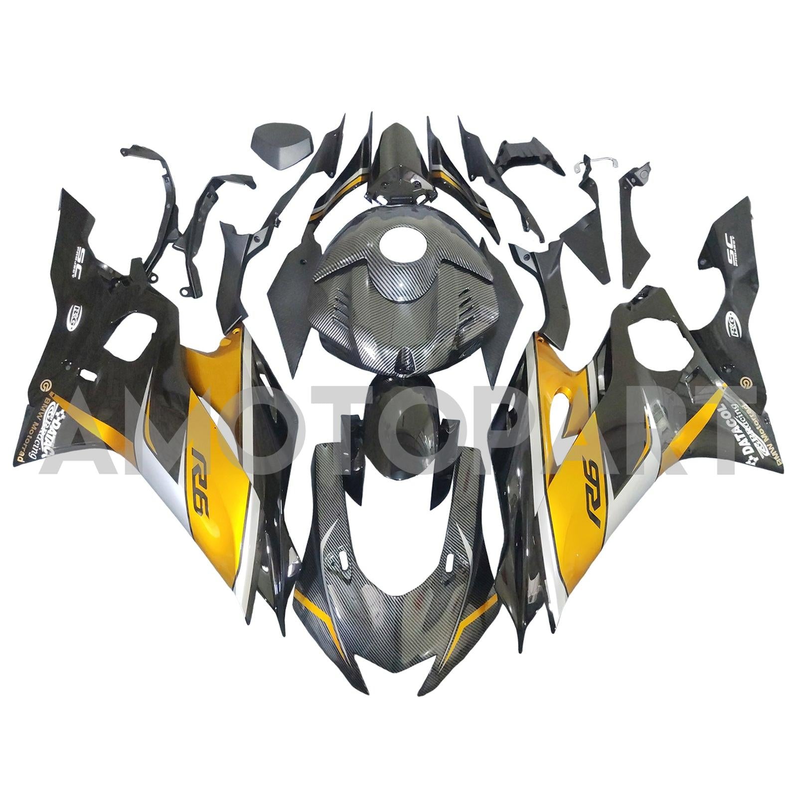 Amotopart 2017-2023 Yamaha YZF R6 Carbonfaser Gold Schwarzverkleidungskit