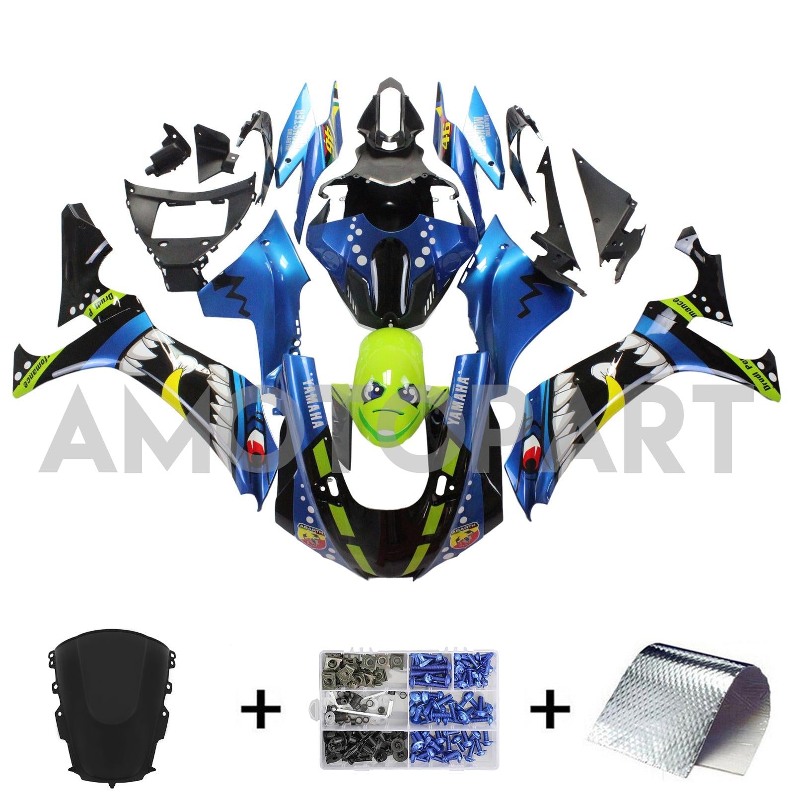 Amotopart 2020-2025 YZF R1 Yamaha Blue&Green Monster Fairing Kit