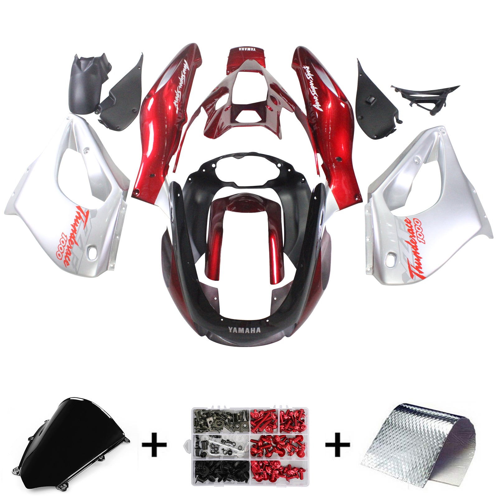 Amotopart 1997–2007 Yamaha YZF1000R Thunderace Verkleidungsset, Rot und Silber, Stil 1