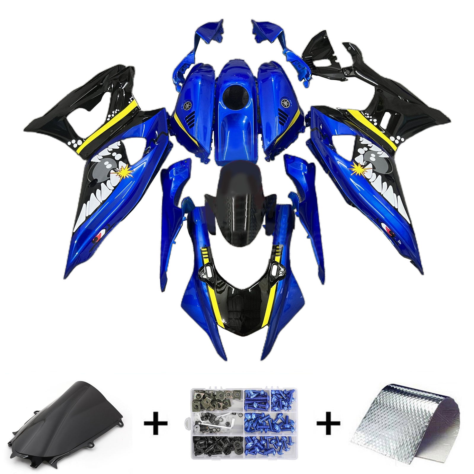 Amotopart 2021-2024 Yamaha YZF-R7 Verkleidungssatz, Schwarz, Blau, Gelb