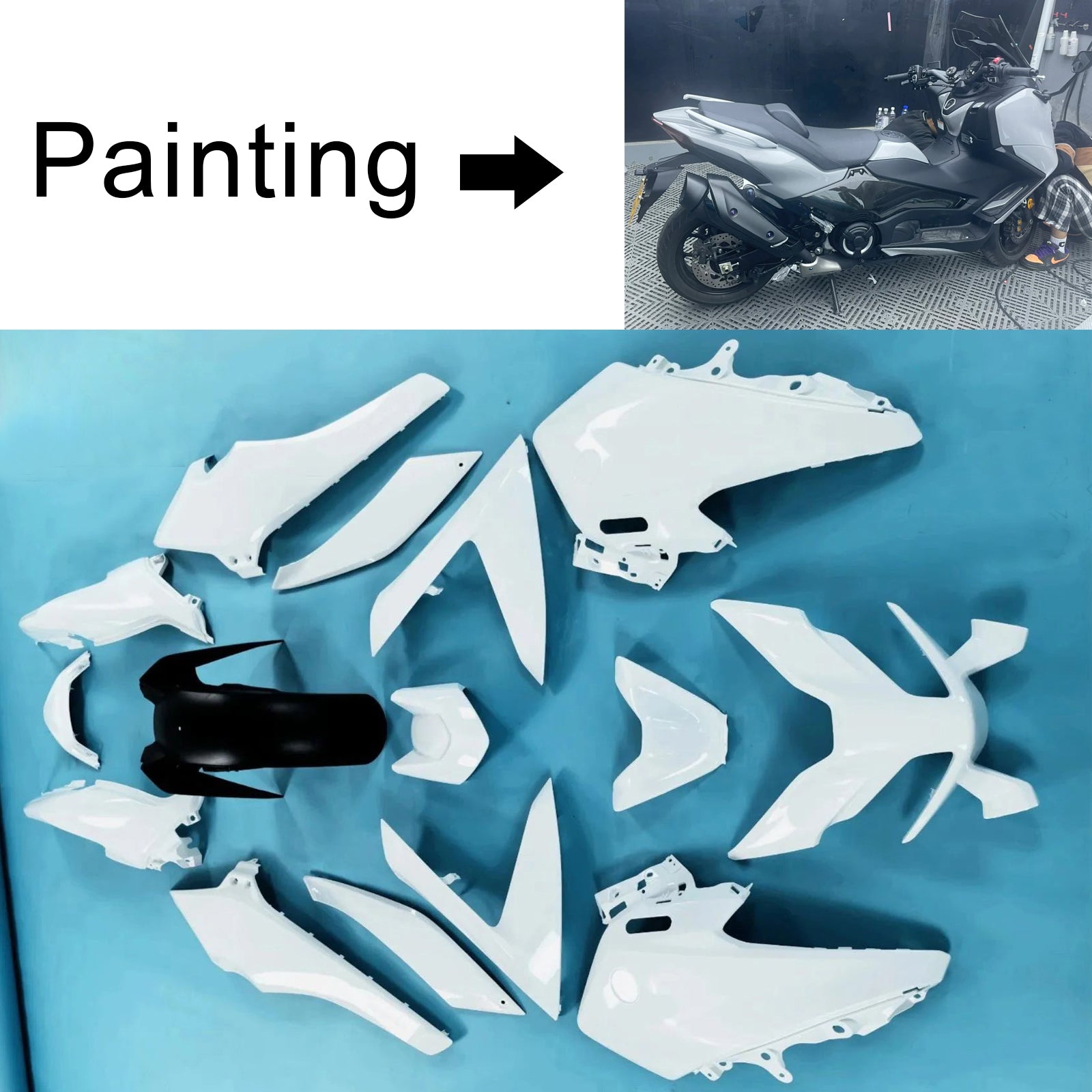 Amotopart 2022–2024 Yamaha TMAX560 glänzendes Schwarz-Weiß-Grau-Verkleidungsset