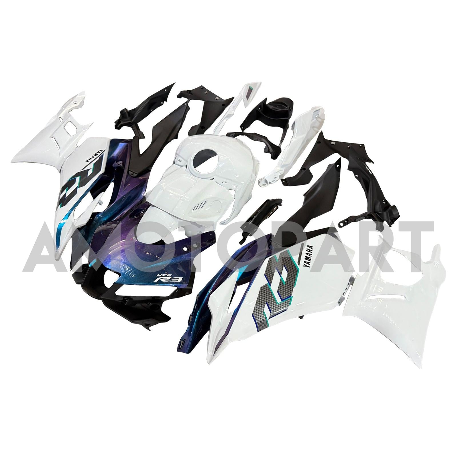 Amotopart 2025-2026 Yamaha YZF R3 YZF R25 Gloss White Blue Fairing Kit