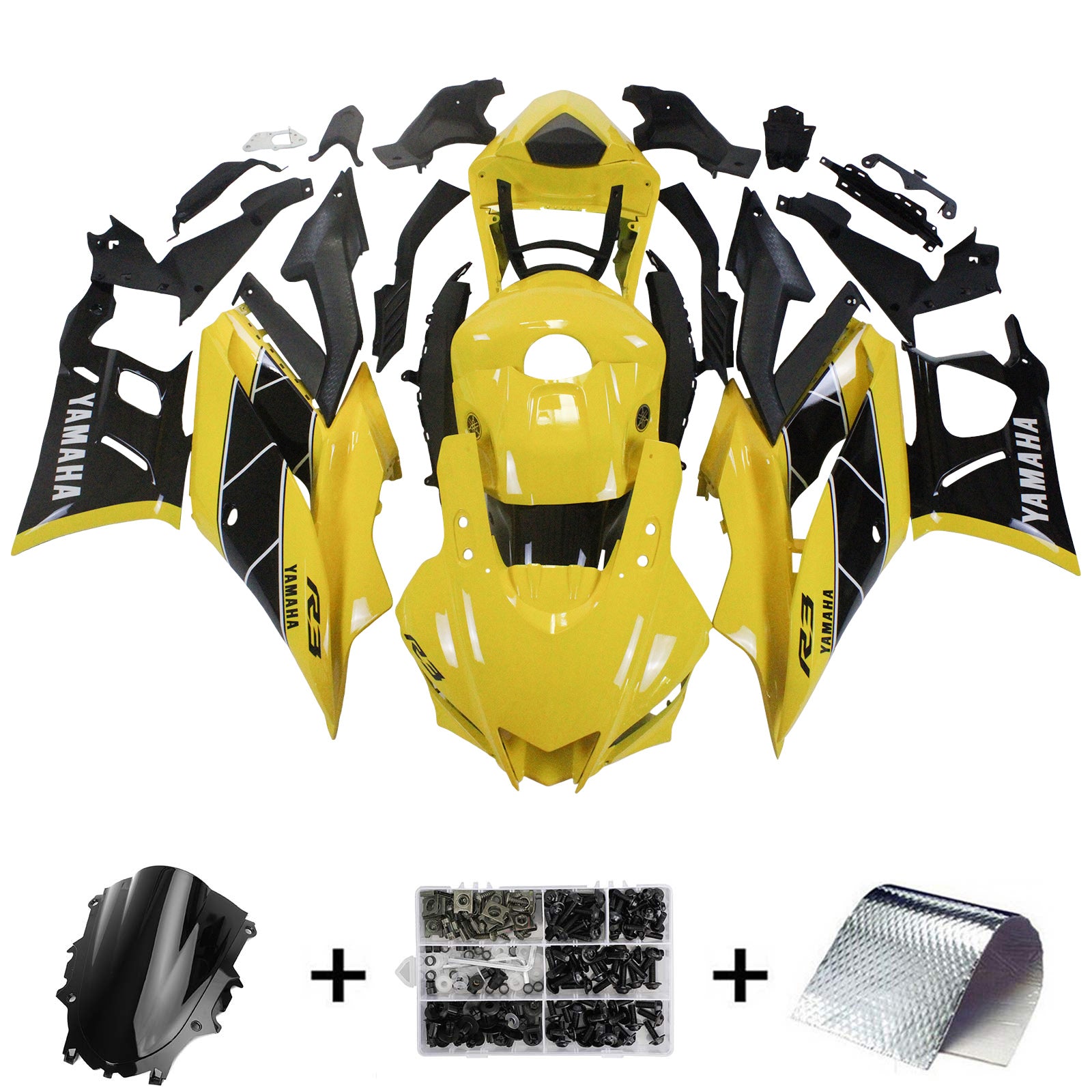 Amotopart 2022-2023 Yamaha YZF-R3 R25 Kit de carénage jaune et noir