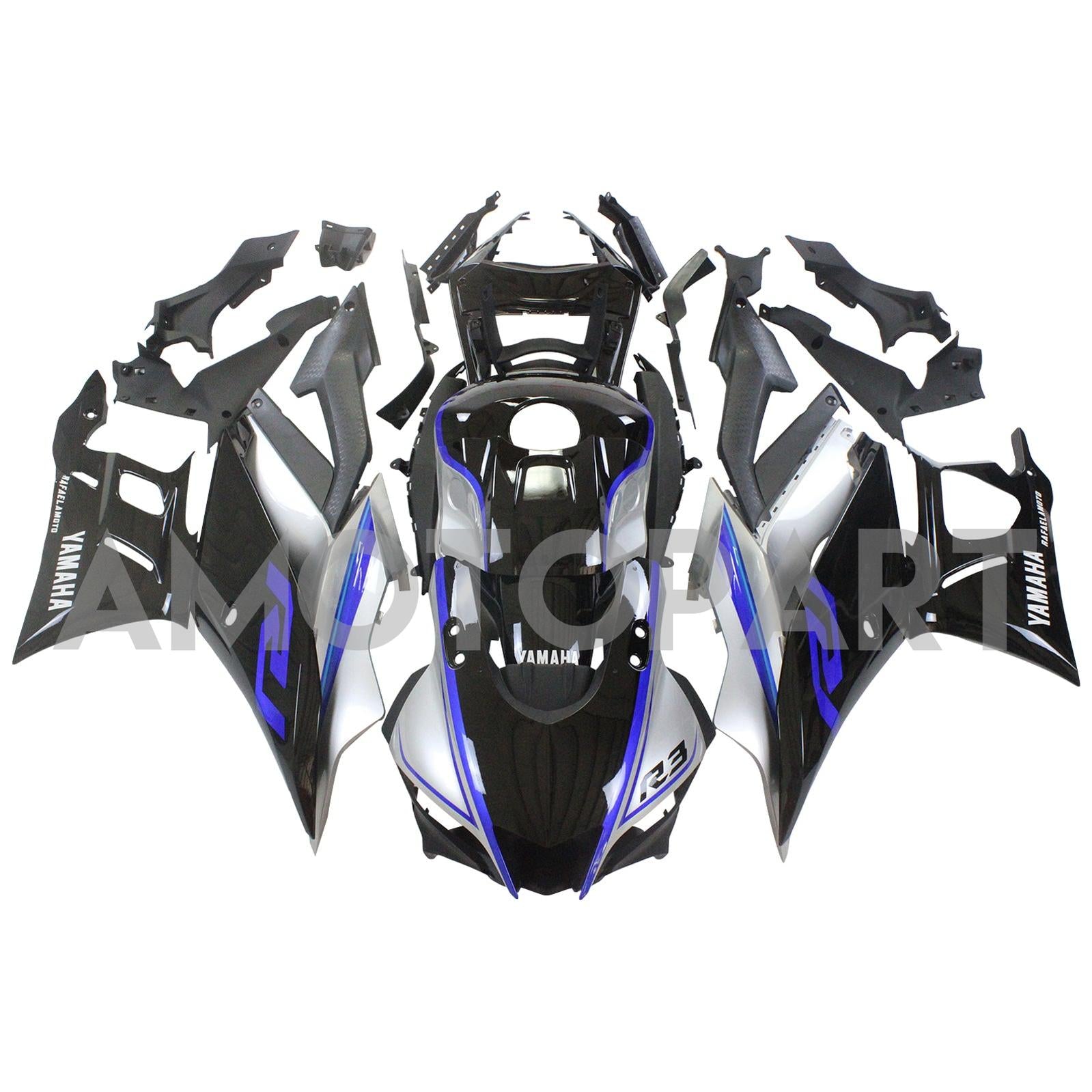 Amotopart 2022-2023 Yamaha YZF-R3 R25 Sliver & Black Fairing Kit