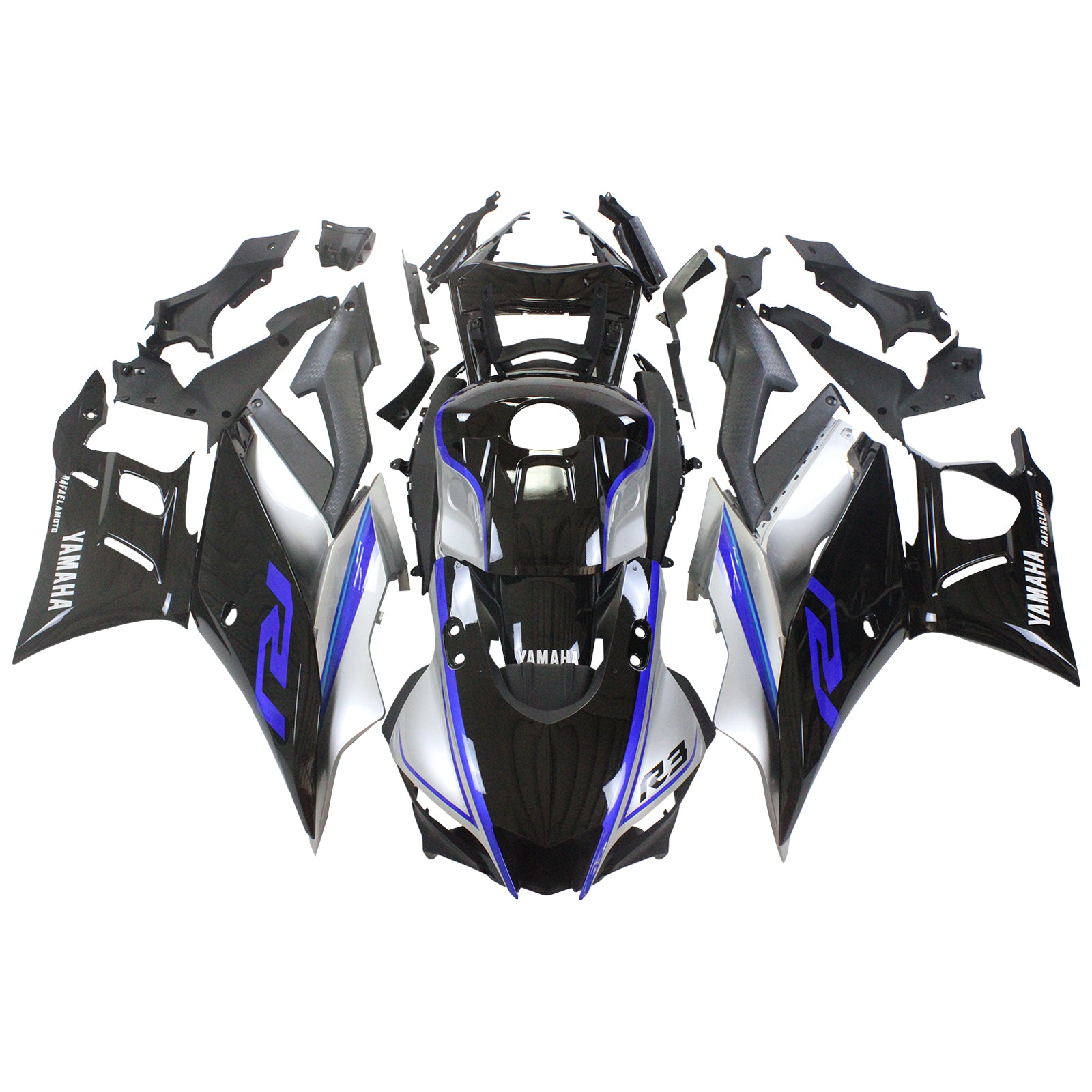 Amotopart 2022-2024 Yamaha YZF-R3 R25 Silber&Schwarzes Verkleidungsset