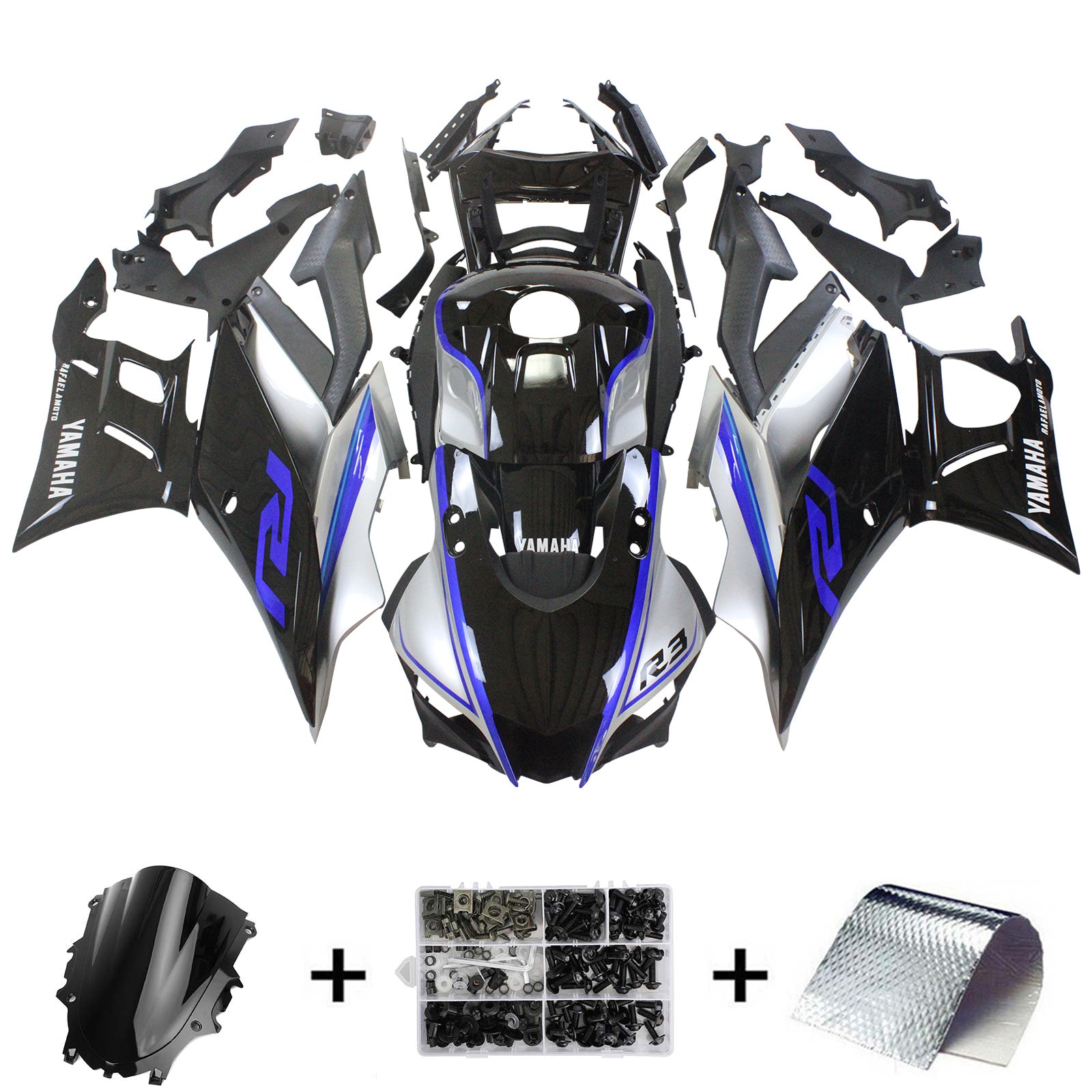 Amotopart 2022-2023 Yamaha YZF-R3 R25 Sliver&Black Fairing Kit