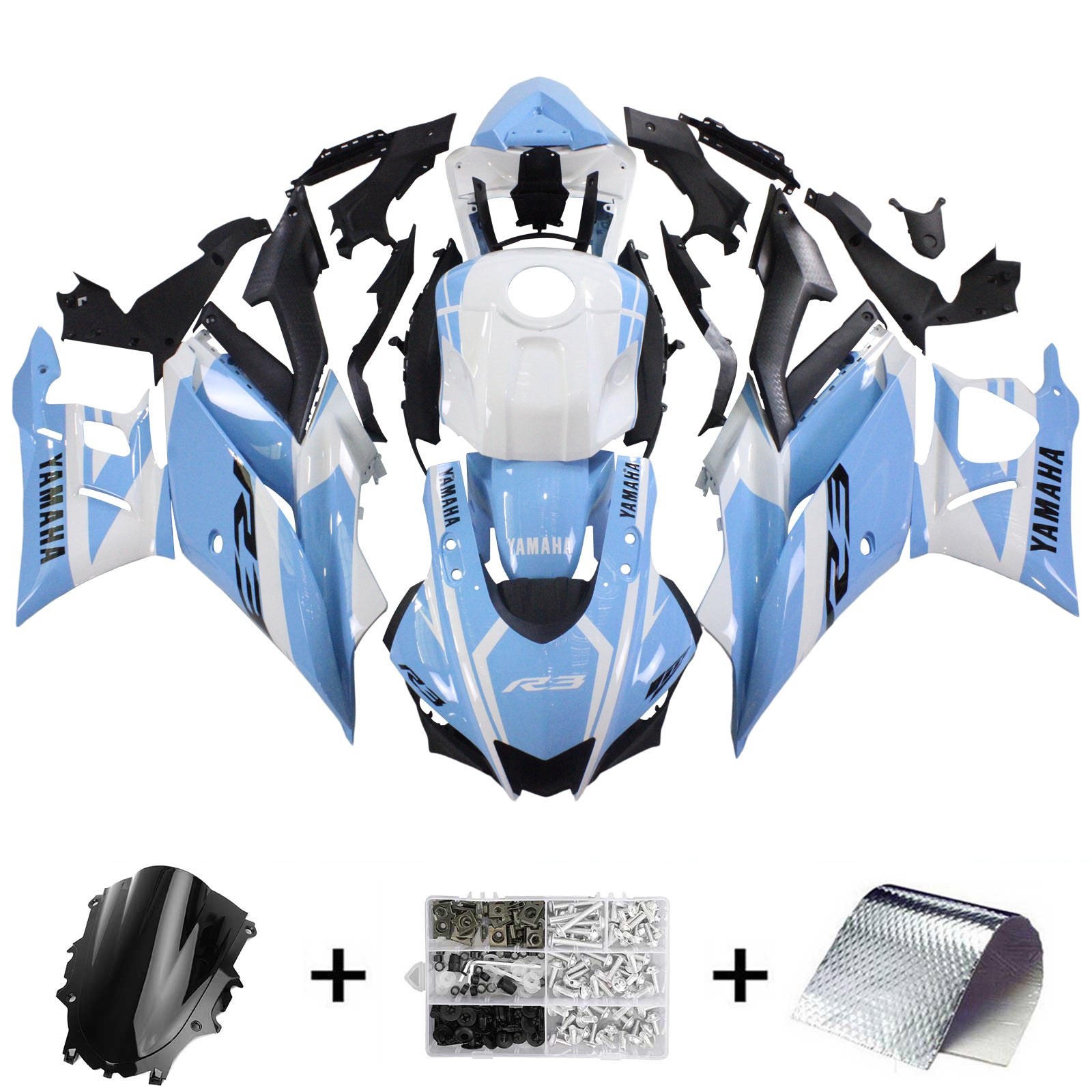 Amotopart 2022-2023 Yamaha YZF-R3 R25 Kit de carénage blanc et bleu Style2