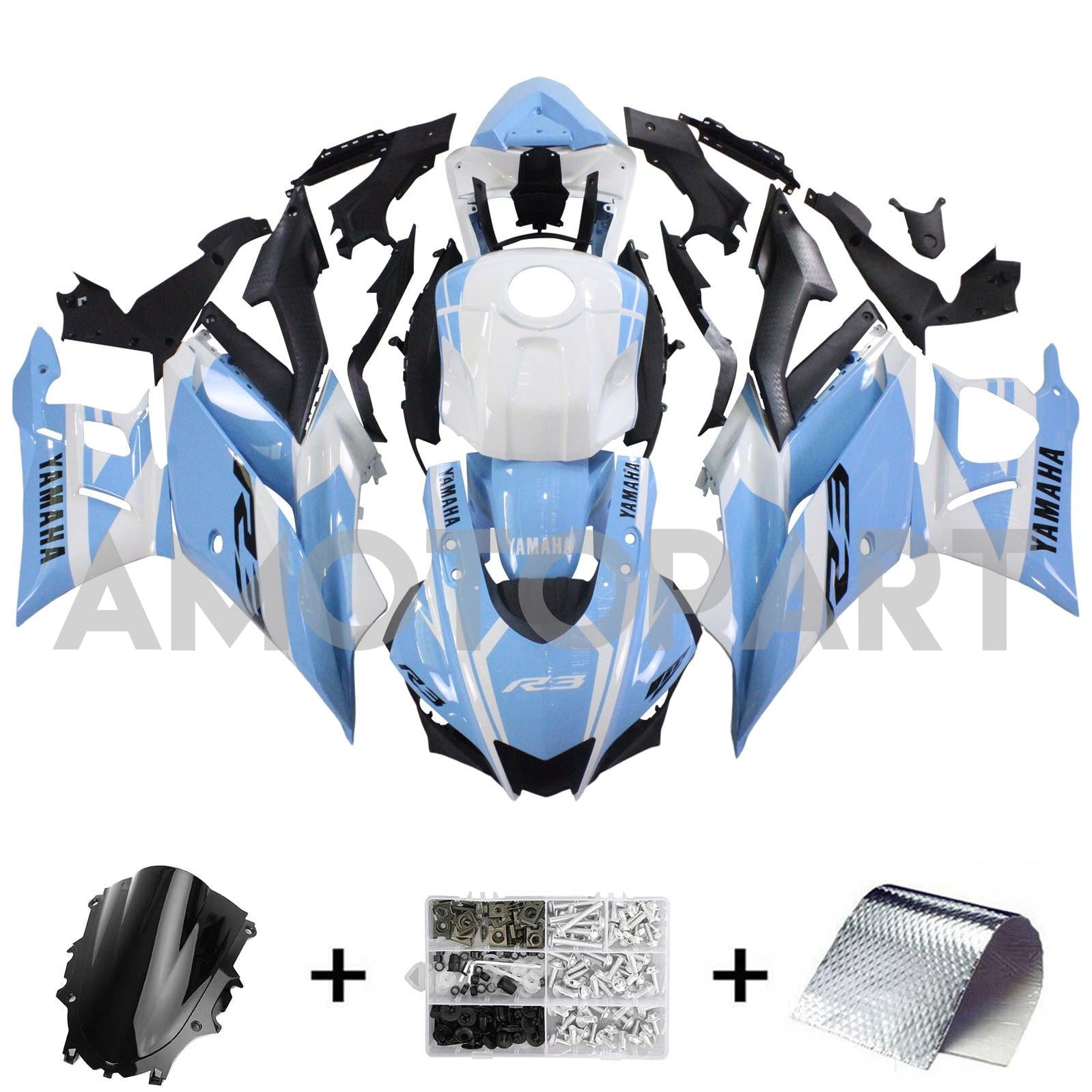 Amotopart 2022-2023 Yamaha YZF-R3 R25 White & Blue Style2 Fairing Kit