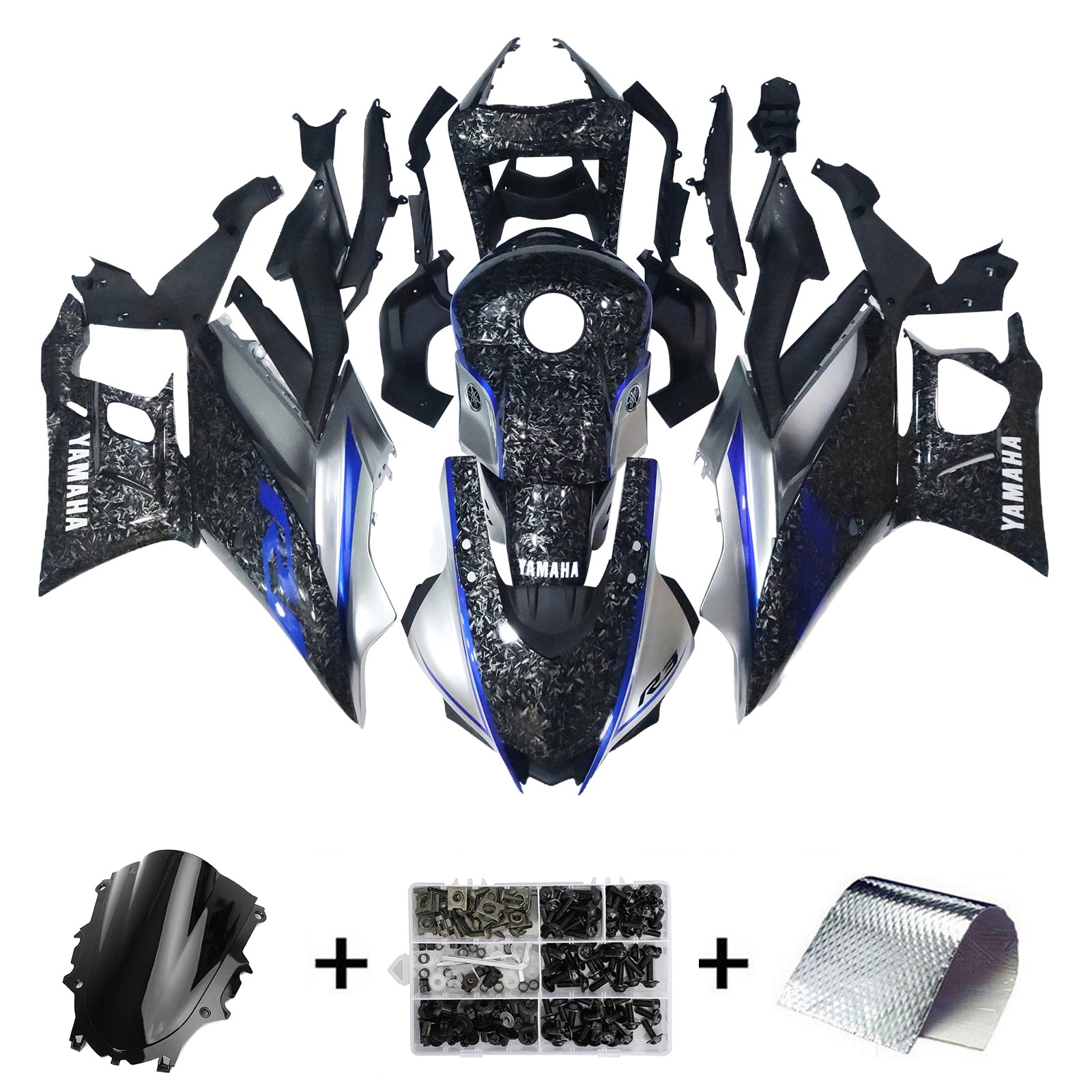 Amotopart 2022-2024 Yamaha YZF-R3 R25 Blue & Marble Carbon Fiber Fairing Kit