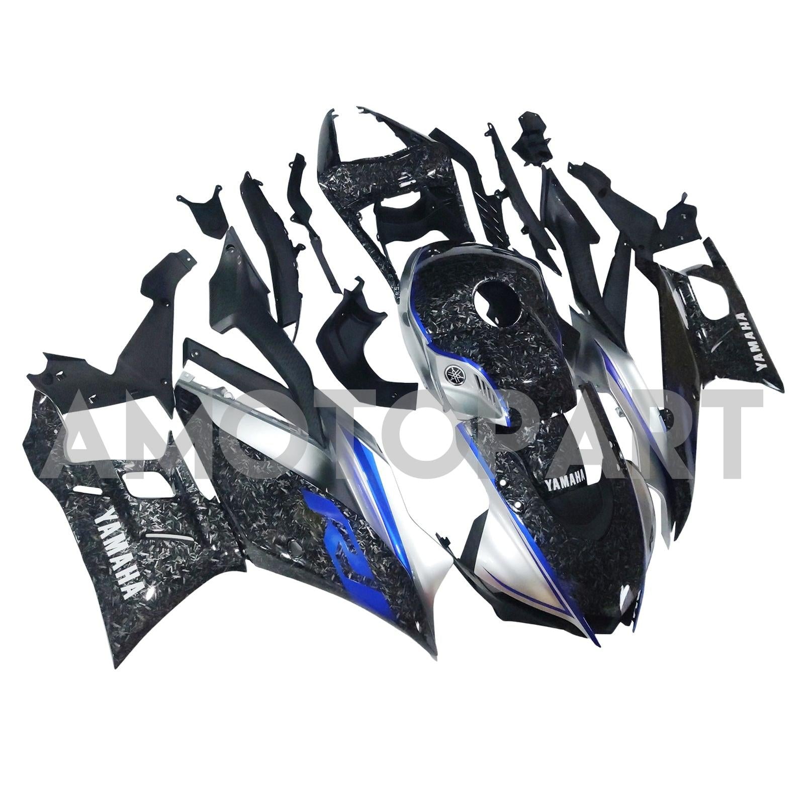 Amotopart 2022-2024 ヤマハ YZF-R3 R25 ブルー&マーブル カーボンファイバー フェアリングキット