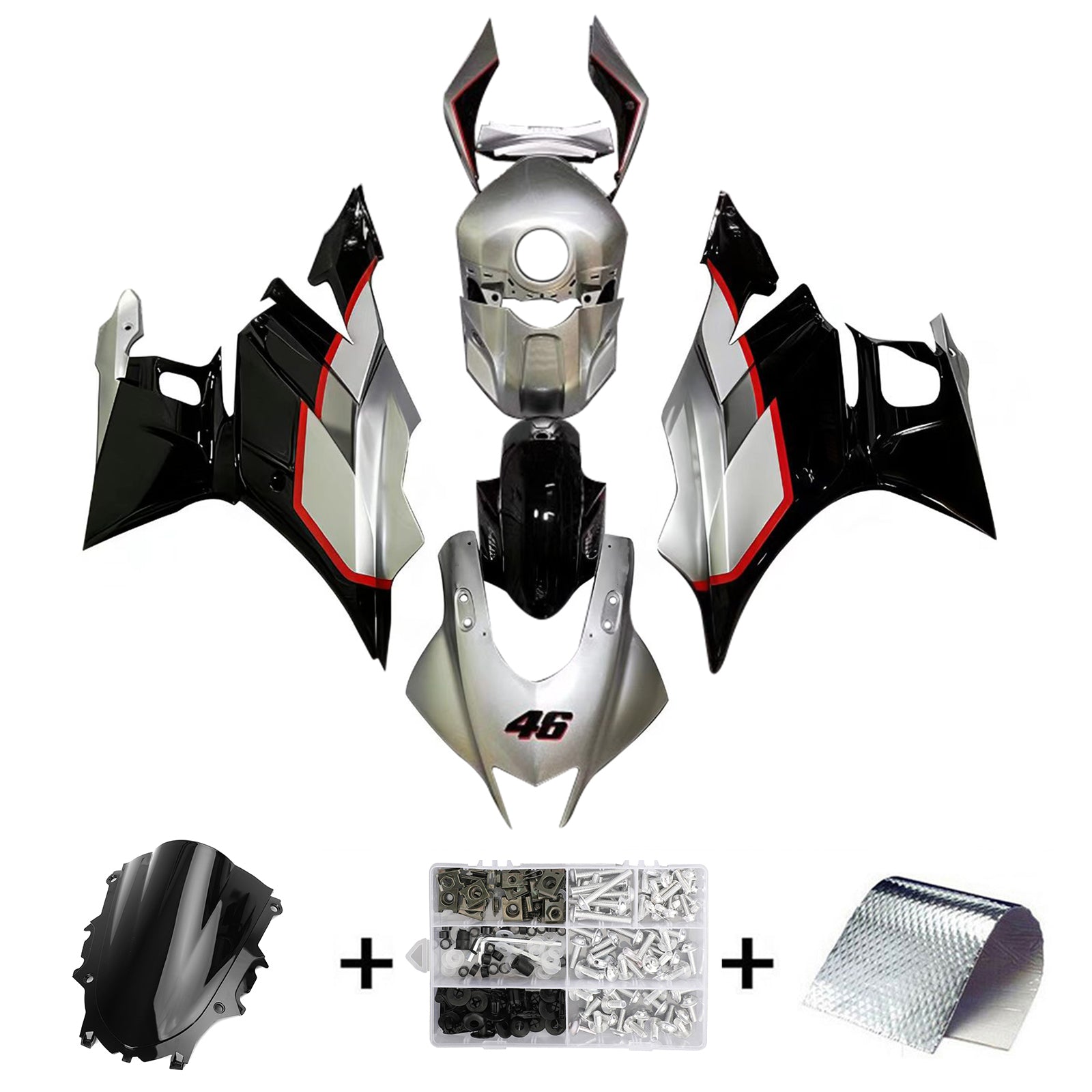 Amotopart 2022-2023 Kit carena Yamaha YZF-R3 R25 Argento e Nero