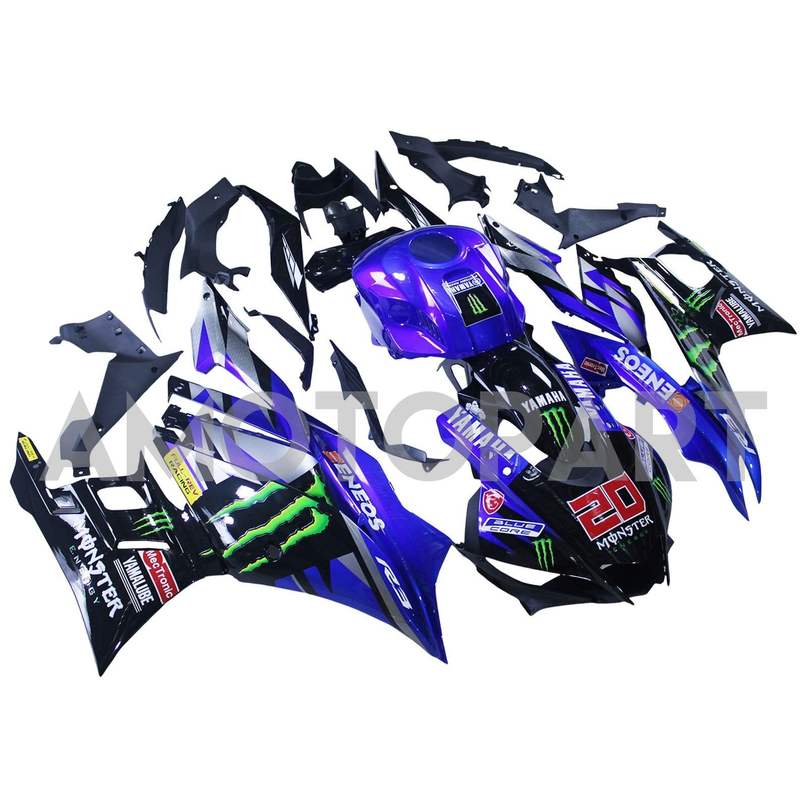 Amotopart 2022-2024 Yamaha YZF-R3 & R25 Black Blue Fairing Kit