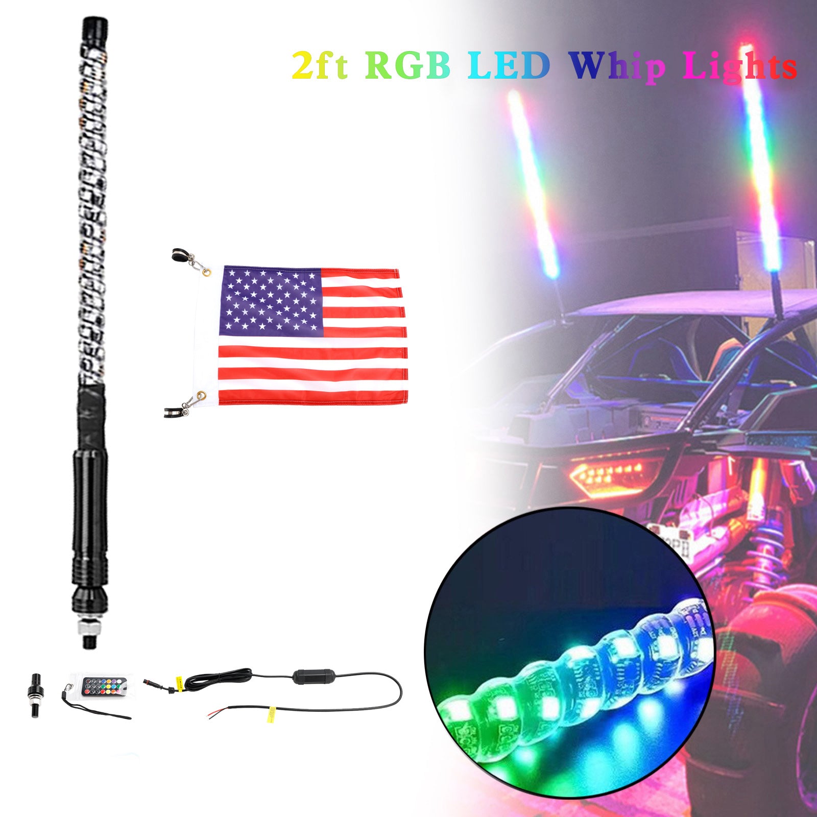 Polaris UTV ATV 2ft RGB LED APP Whip Lights Antenna W/ Flag Remote Control