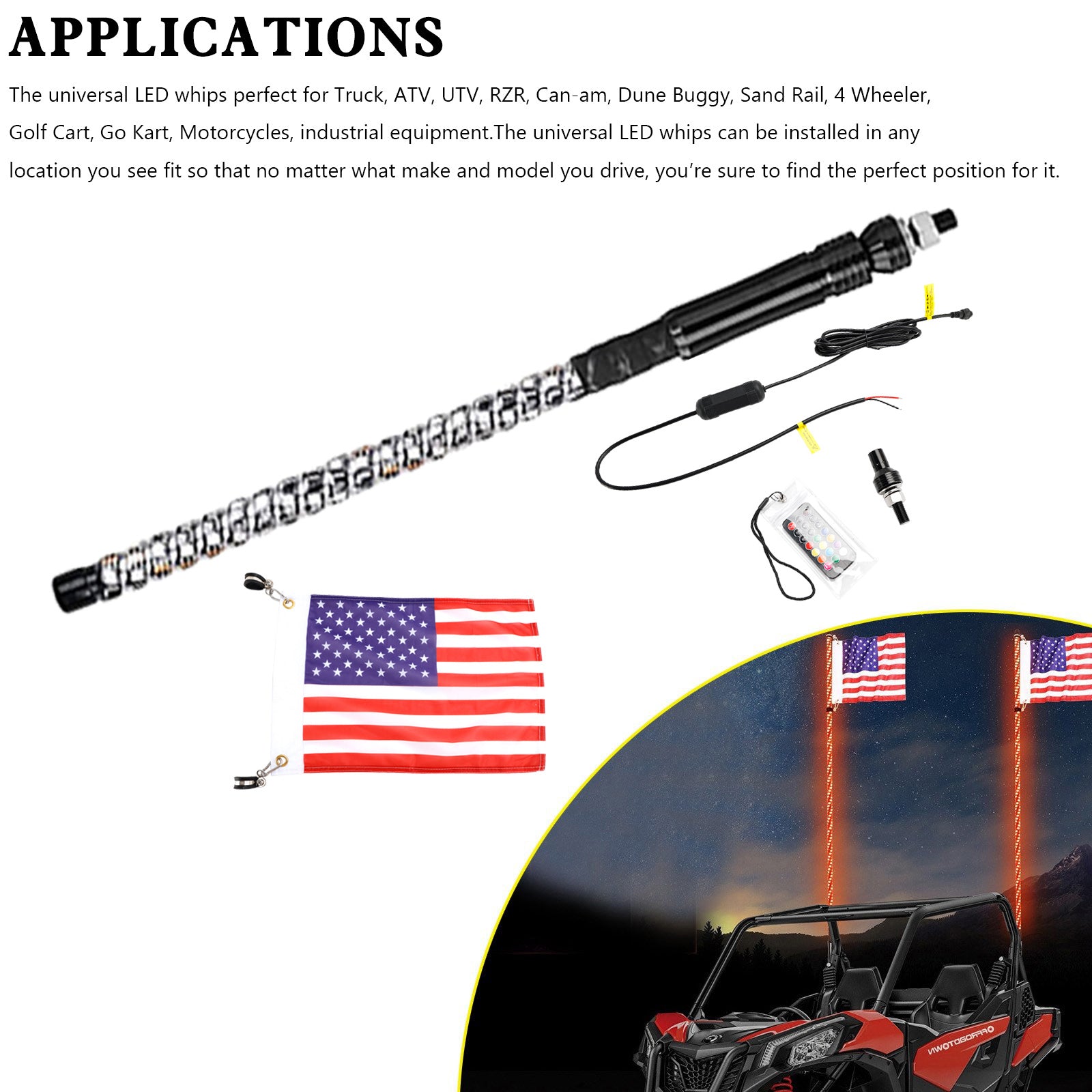 Polaris UTV ATV 2ft RGB LED APP Whip Lights Antenna W/ Flag Remote Control