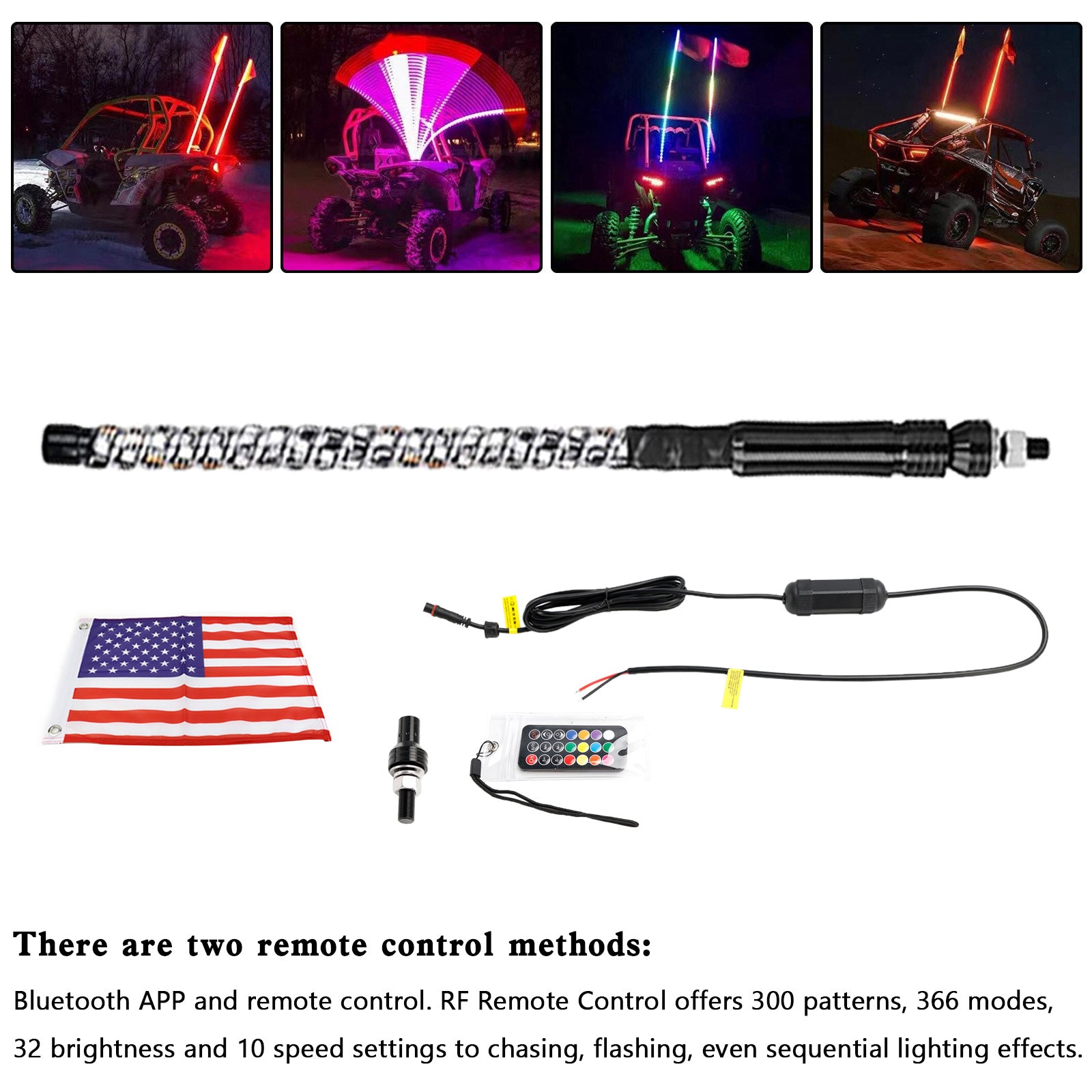 Polaris UTV ATV 2ft RGB LED APP Whip Lights Antenna W/ Flag Remote Control