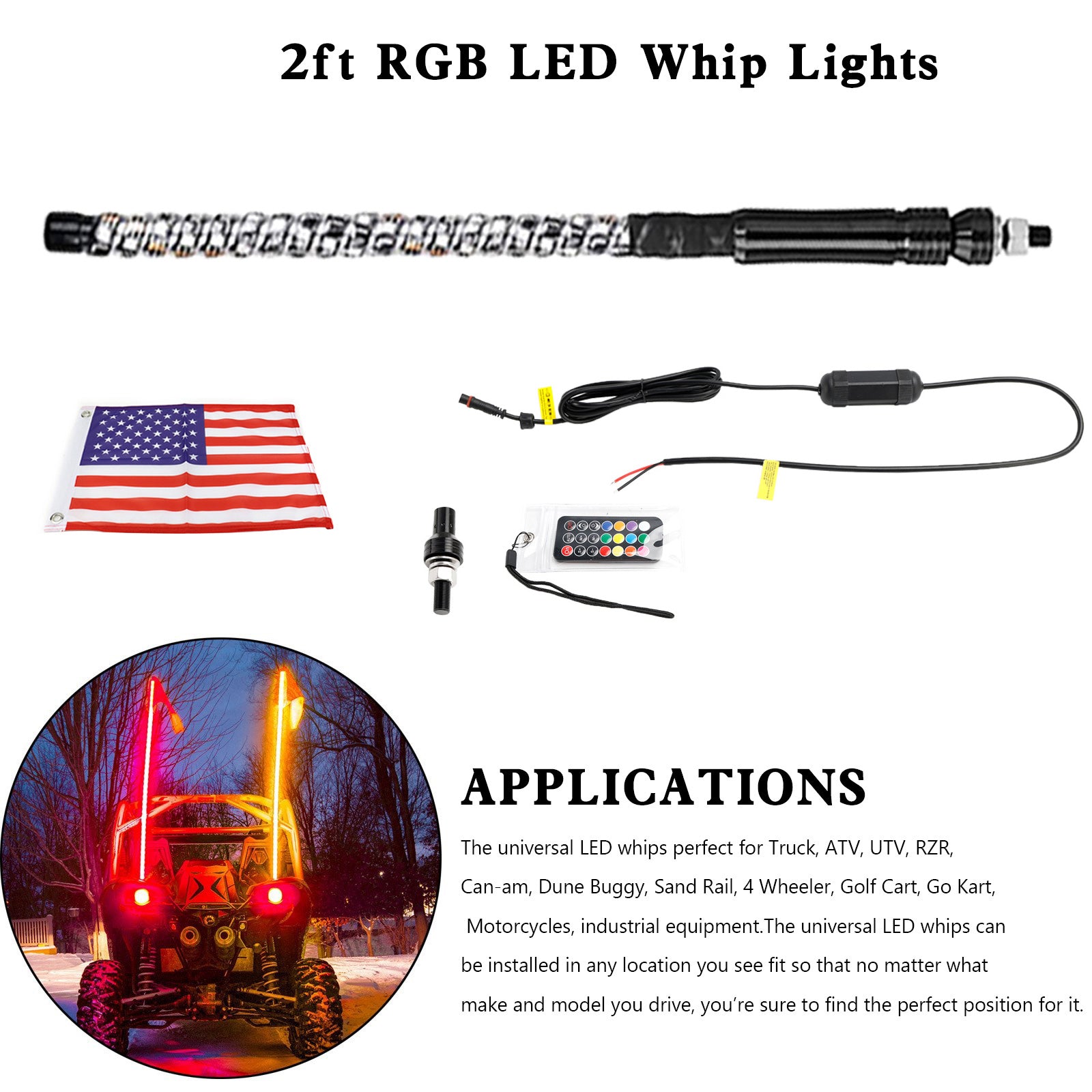 Polaris UTV ATV 2ft RGB LED APP Whip Lights Antenna W/ Flag Remote Control