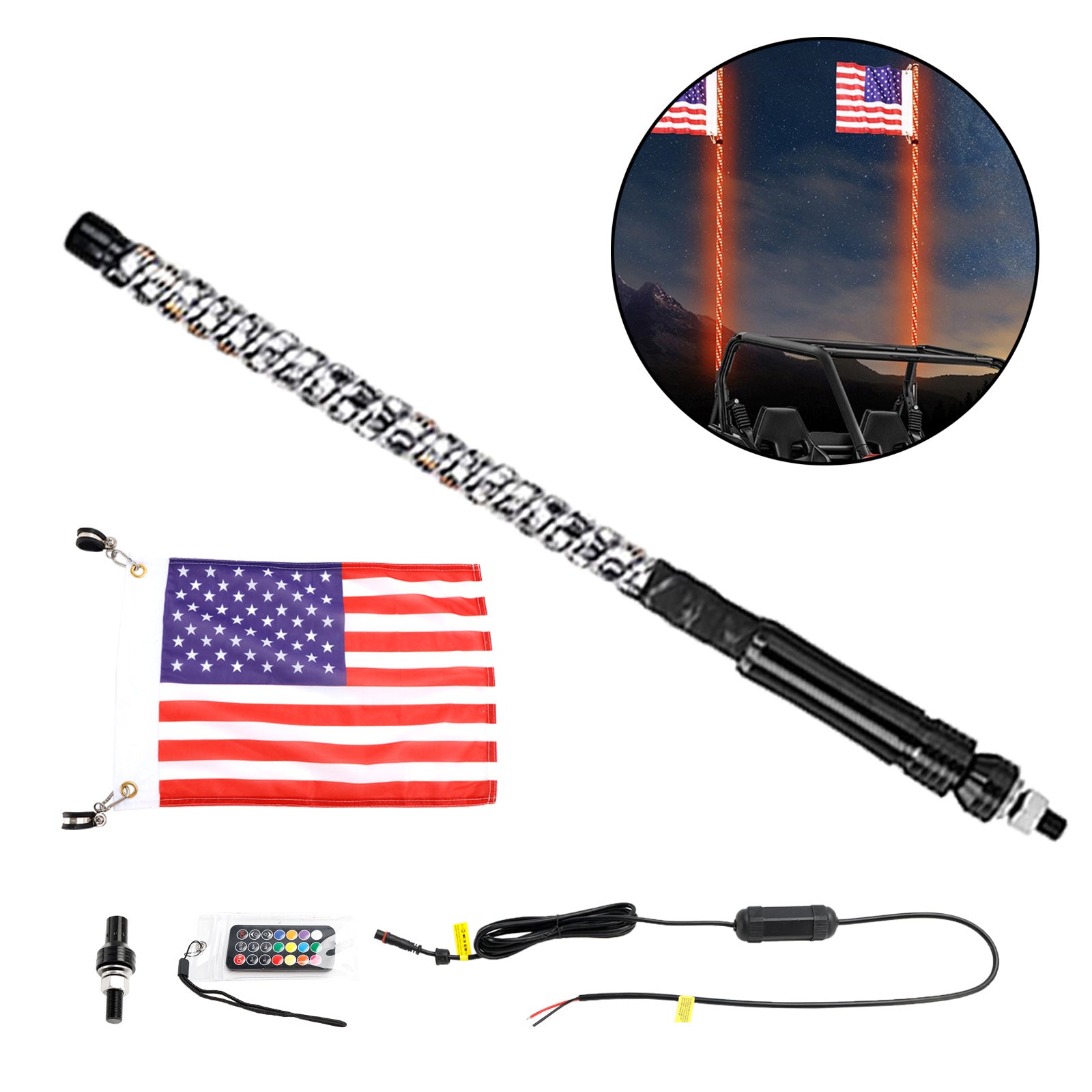 Polaris UTV ATV 2ft RGB LED APP Whip Lights Antenna W/ Flag Remote Control