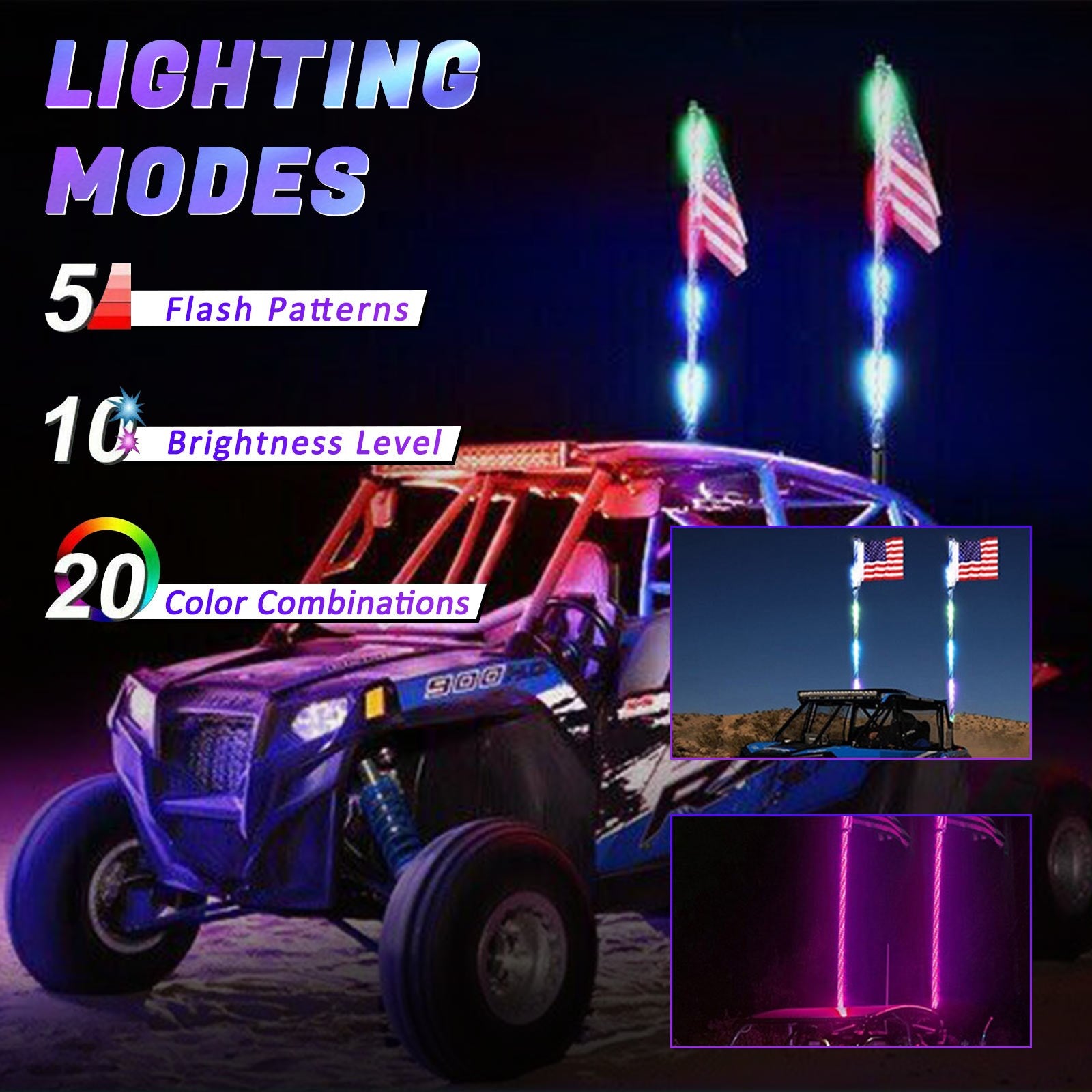 Polaris UTV ATV 2ft RGB LED APP Whip Lights Antenna W/ Flag Remote Control