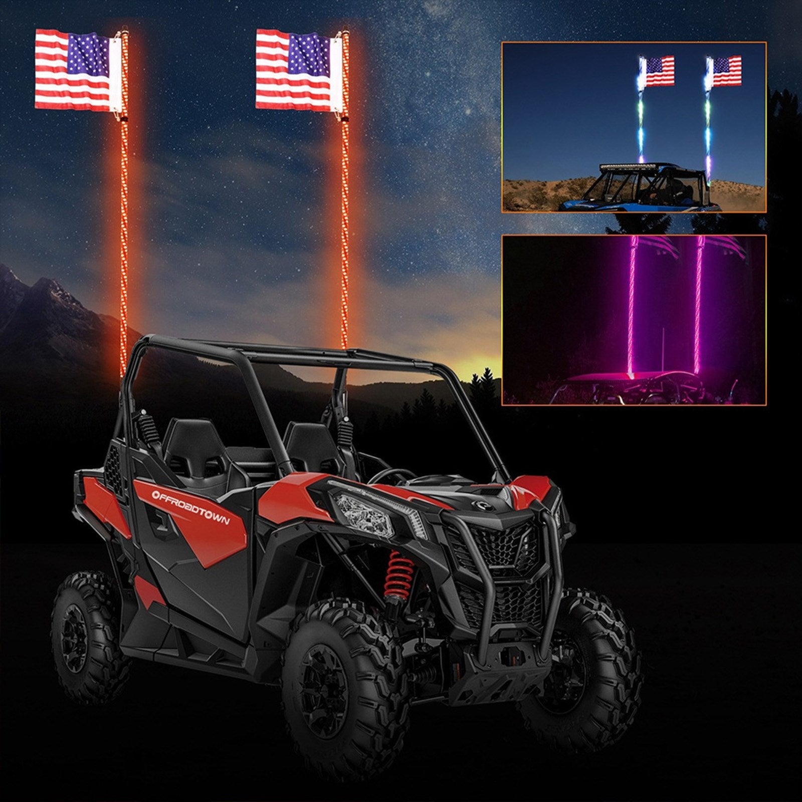 Polaris UTV ATV 2ft RGB LED APP Whip Lights Antenna W/ Flag Remote Control