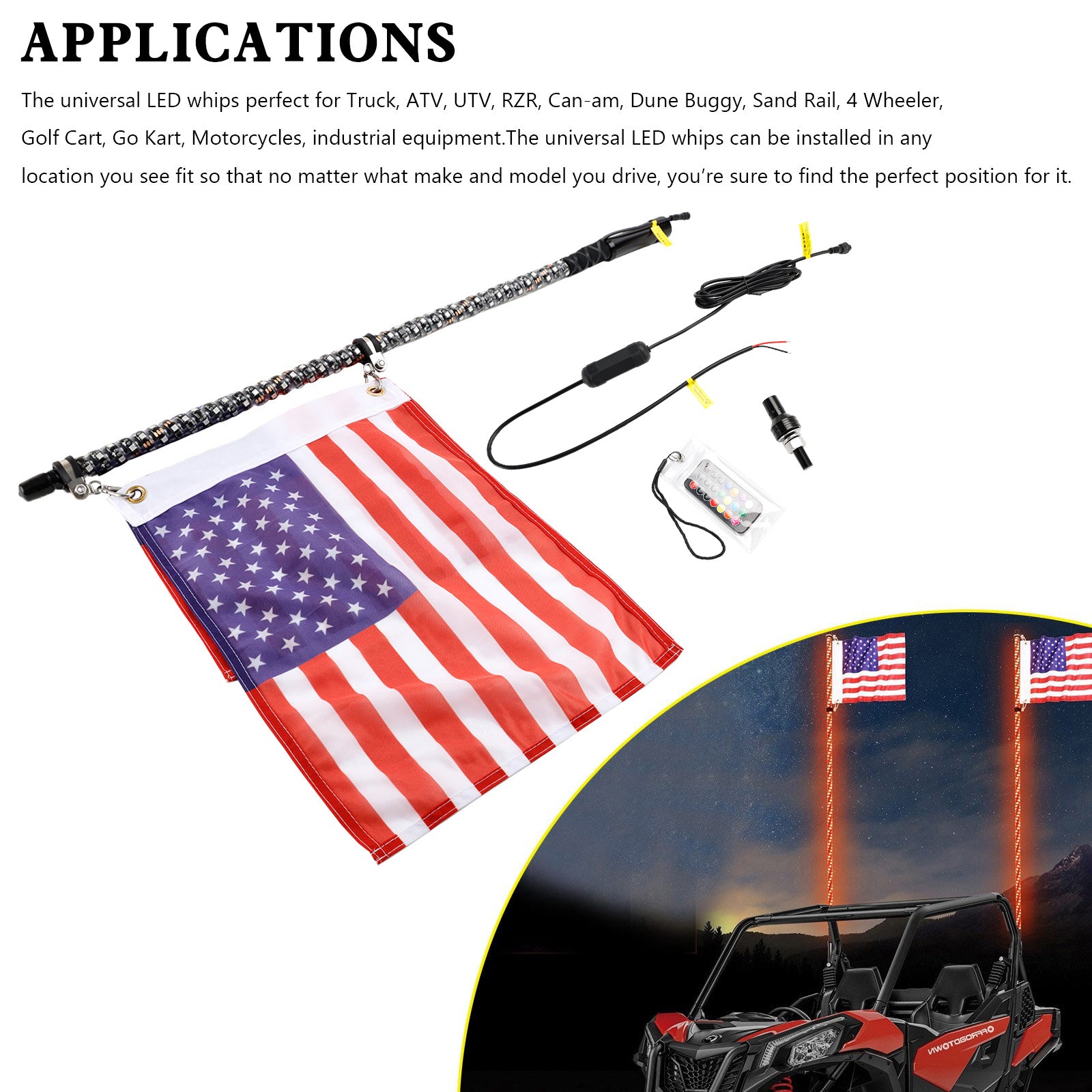 Polaris UTV ATV 3ft RGB LED APP Whip Lights Antenna W/ Flag Remote Control