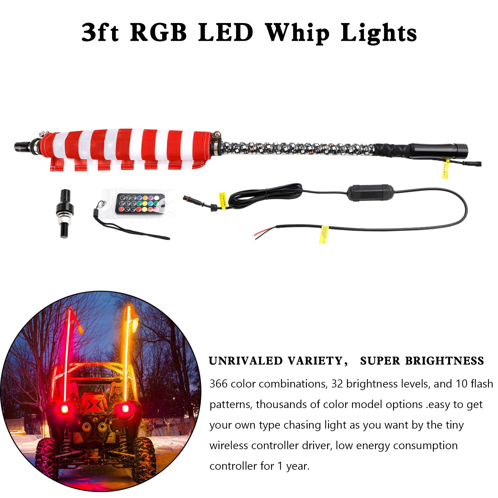 Polaris UTV ATV 3ft RGB LED APP Whip Lights Antenna W/ Flag Remote Control