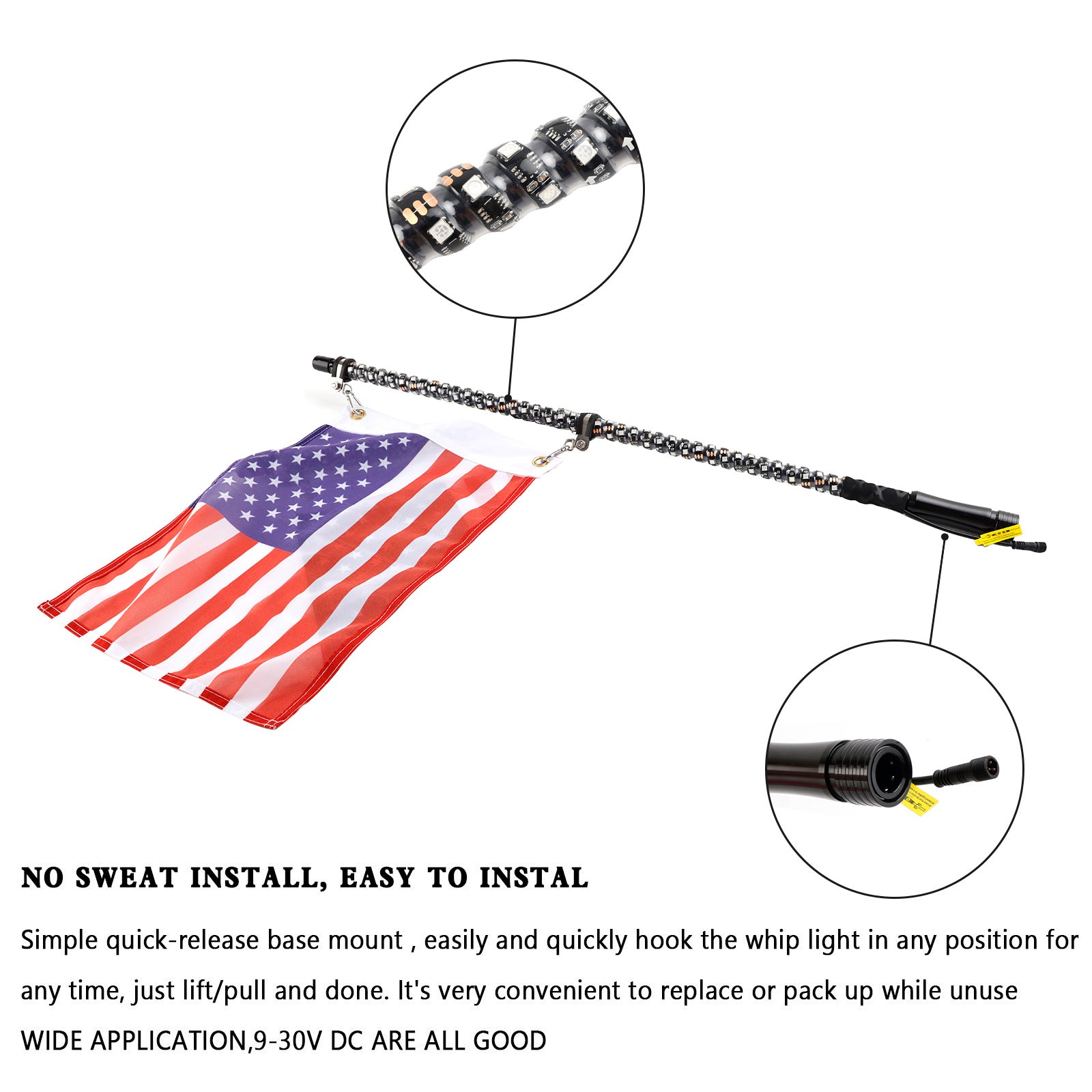 Polaris UTV ATV 3ft RGB LED APP Whip Lights Antenna W/ Flag Remote Control