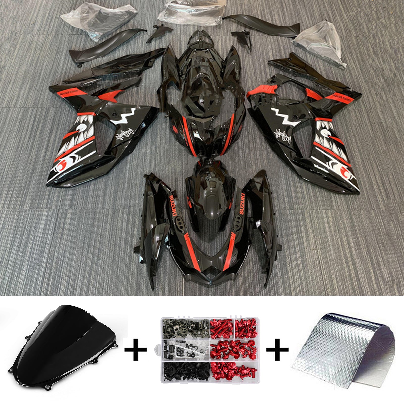 Amotopart 2009-2016 K9 GSXR1000 Suzuki Gloss Black with Red Shark Teeth Fairing Kit