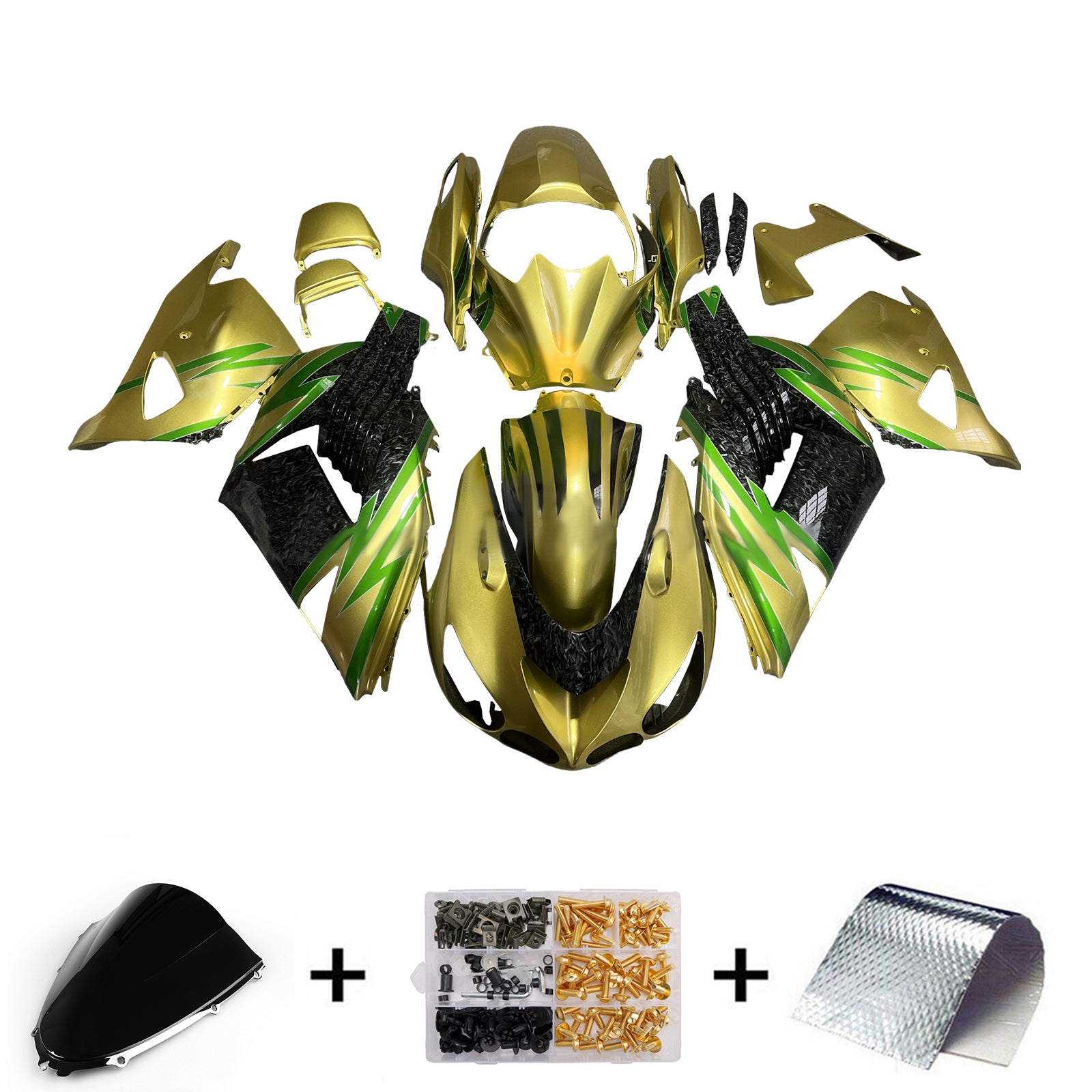 Amotopart 2006-2011 Kawasaki ZX14R ZZR1400 Gold Forged Carbon Fiber Pattern Fairing Kit