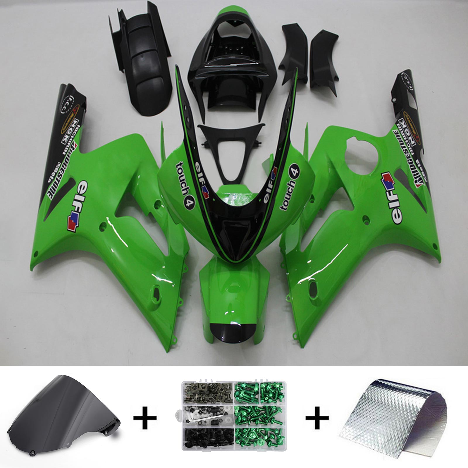 Amotopart 2003-2004 ZX6R 636 Kawasaki グリーン&ブラック Style4 フェアリングキット