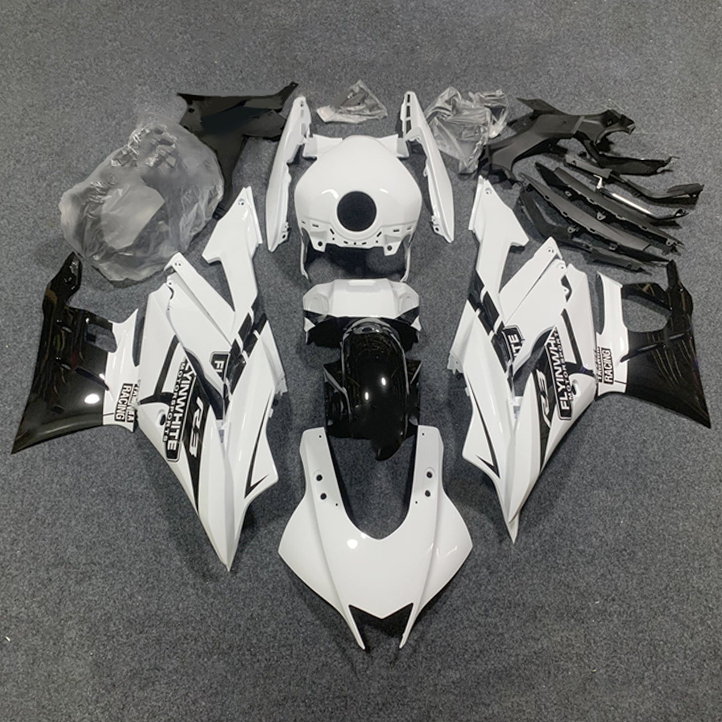 Amotopart 2019-2021 Yamaha YZF-R3 R25 Glly Black White Fairing Kit