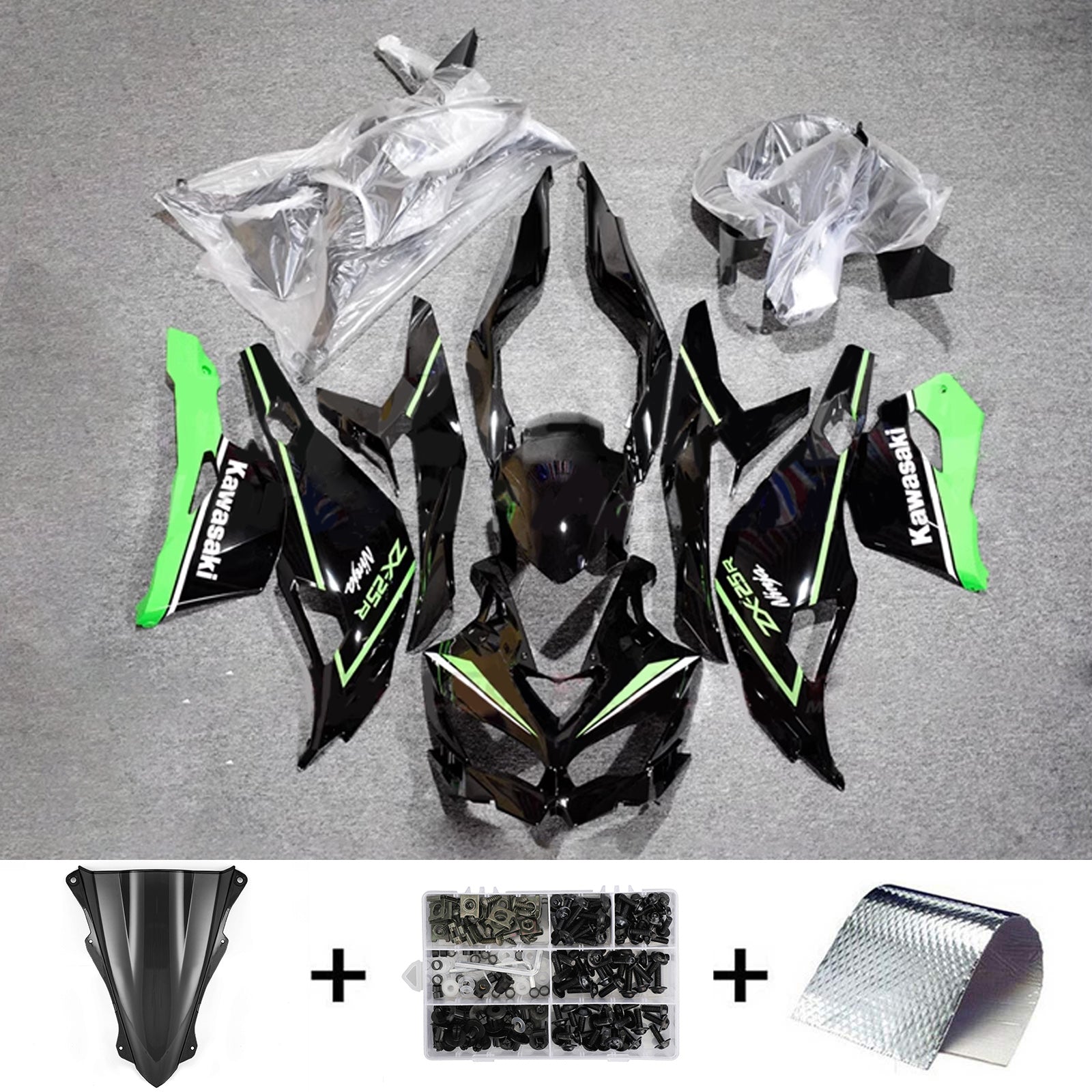 Amotopart 2019-2024 Ninja ZX-25R ZX-4R ZX-4RR Kawasaki Kit de carenado negro y verde