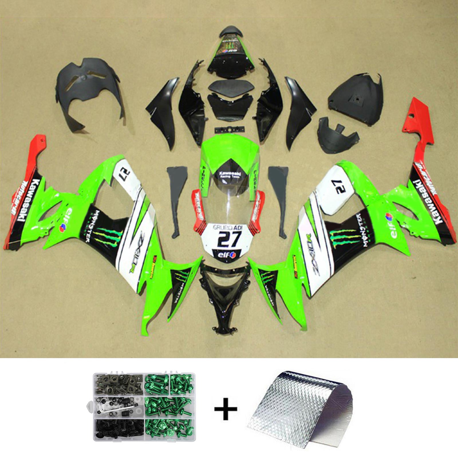 Amotopart 2008-2010 Kawasaki ZX10R Green&Red Style2 Fairing Kit