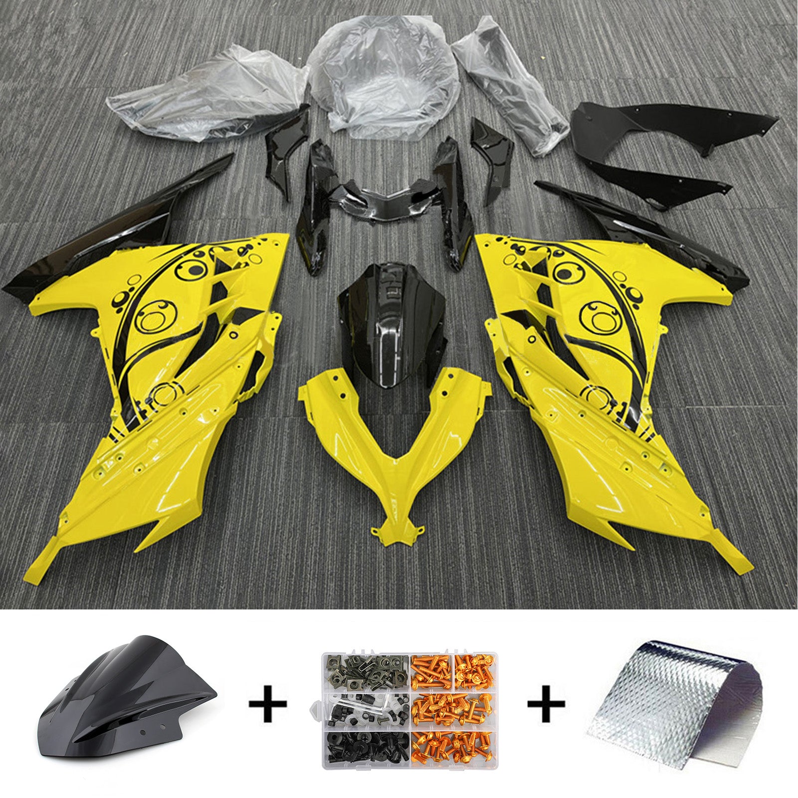 Amotopart 2013-2024 Kawasaki EX300/Ninja300 イエロー&ブラック Style2 フェアリングキット