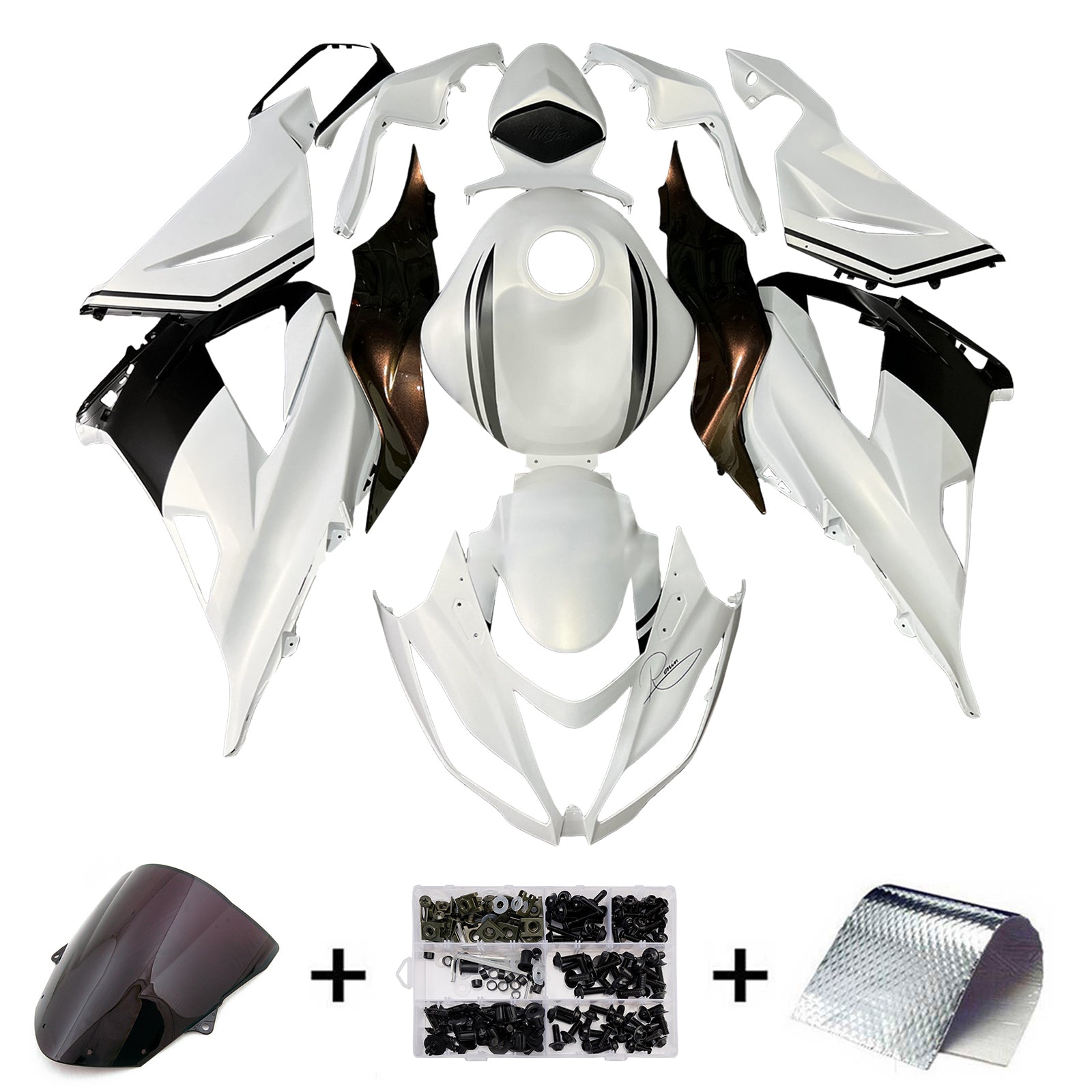 ①IDEE ＰＵＵＦ　Ｂｏｄｙ ＣＯＶＥＲ　Ｗｈｉｔｅ　×　Ｂｌａｃｋ　Ｍｉｘ Amotopart 2013-2018 Kawasaki ZX6R 636 Black ＆ White Fairing Kit