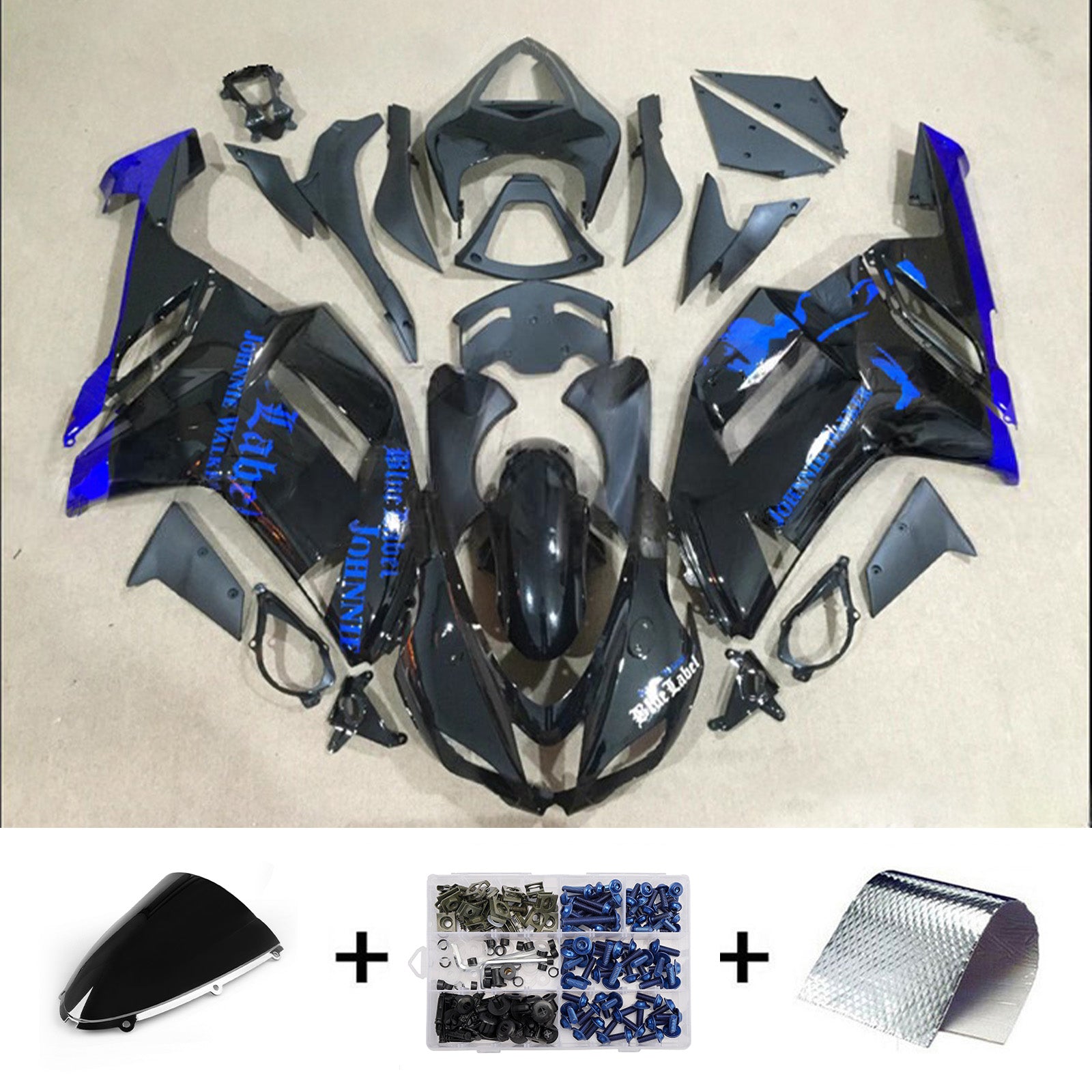 Amotopart 2007-2008 Kawasaki ZX6R 636 Glossy Black Blue Fairing Kit