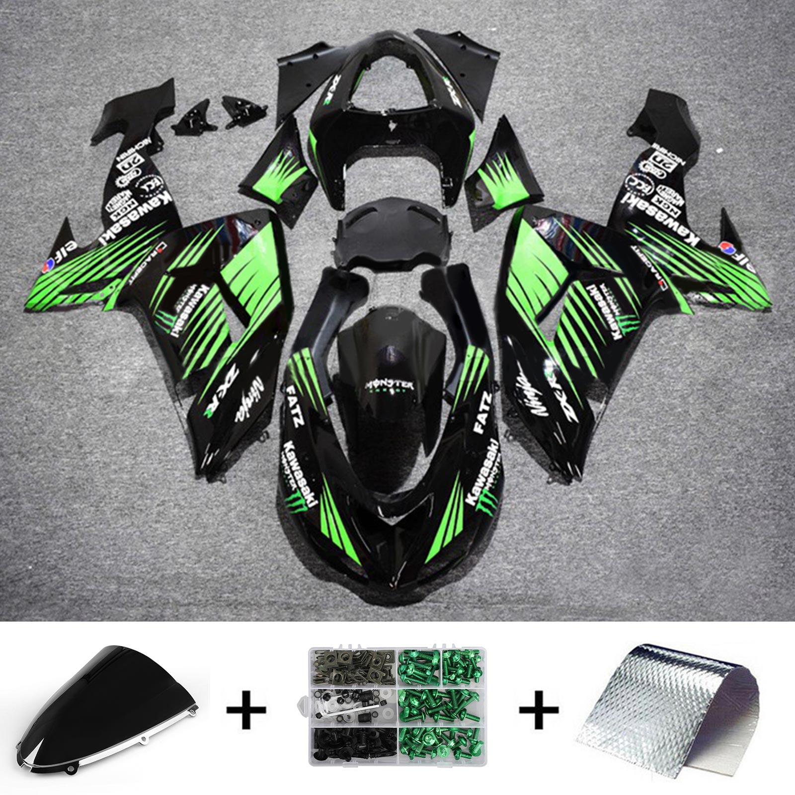 Amotopart 2006-2007 Kawasaki ZX10R Kit de carénage Monster Logo Style2 vert et noir