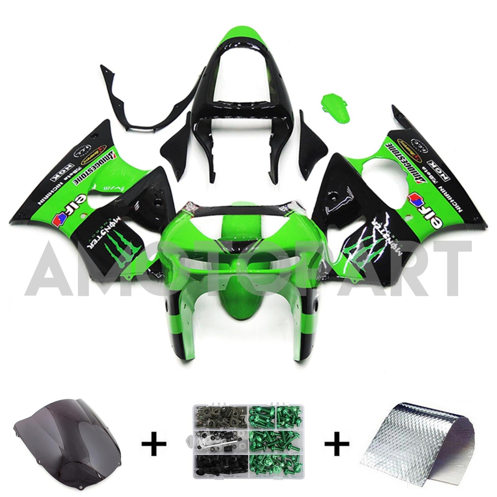 Amotopart 1998-1999 Kawasaki ZX6R Green & Black Style1 Fairing Kit