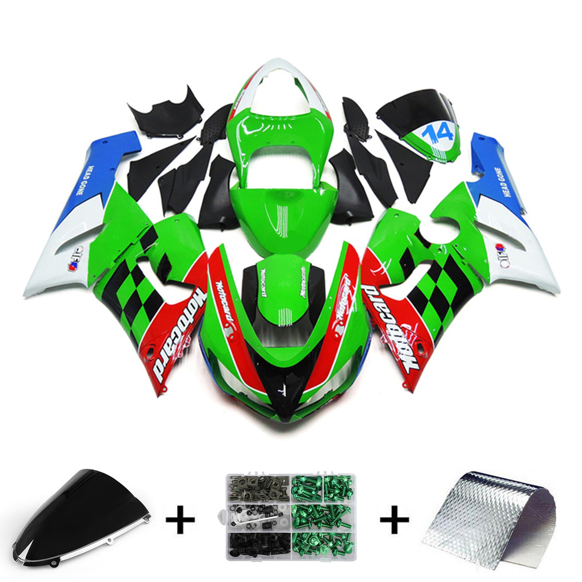 Amotopart 2005-2006 Kawasaki ZX6R 636 Kit de carenado verde y azul