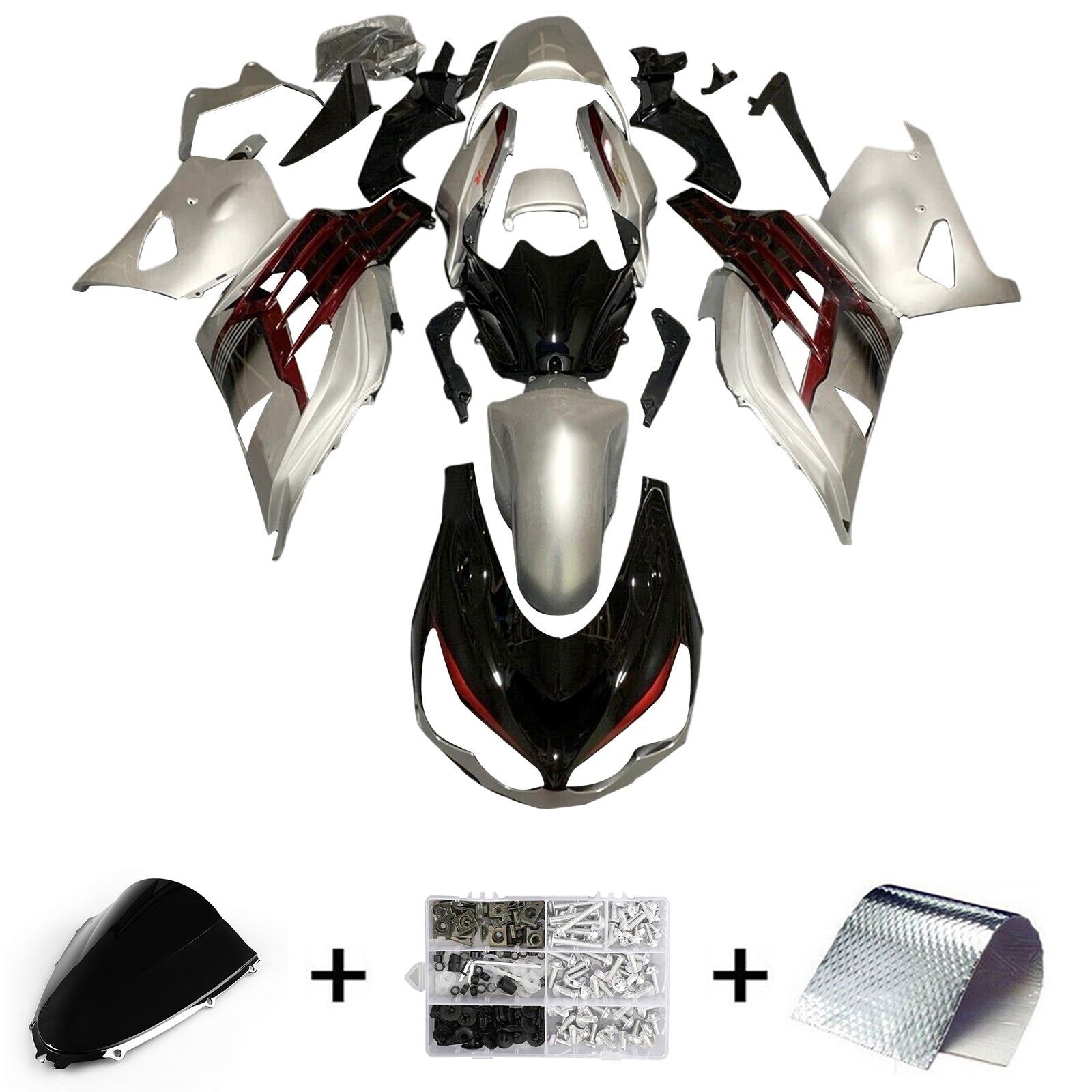 Amotopart 2012-2022 Kawasaki ZX14R ZZR1400 Kit de carénage noir gris argent et rouge