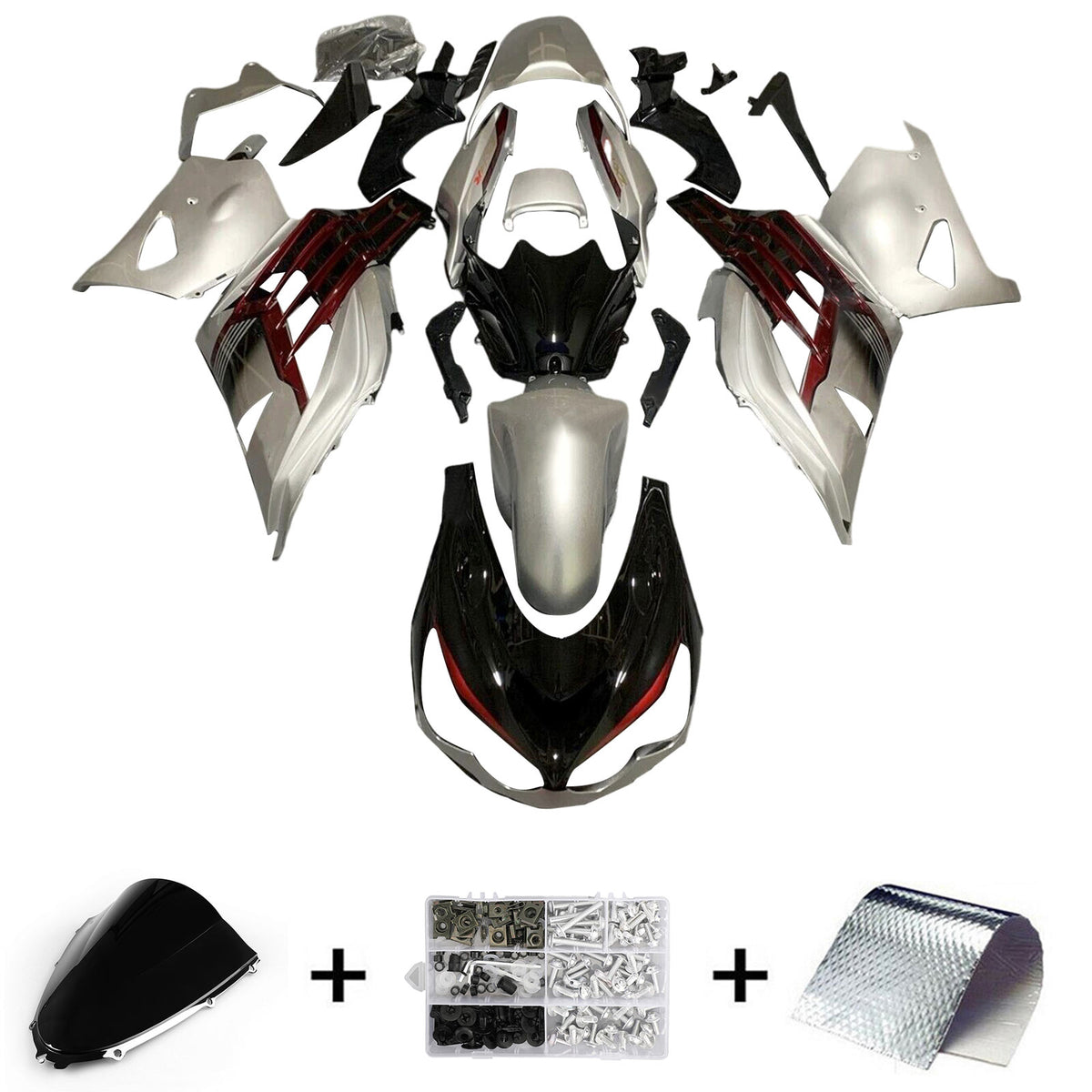 Amotopart 2012-2022 Kawasaki ZX14R ZZR1400 Kit de carenado negro, plateado, gris y rojo