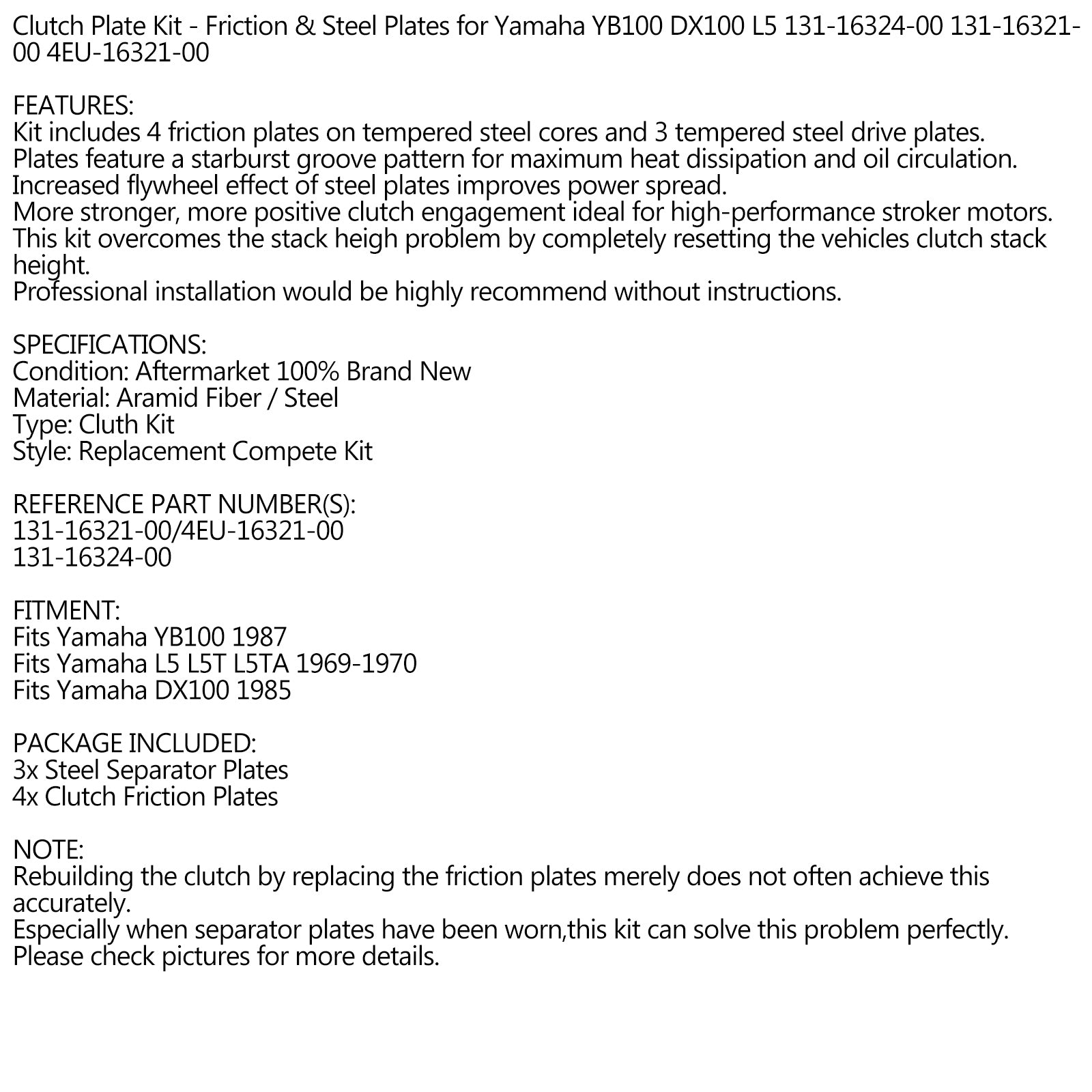 クラッチキット スチール & フリクションプレート ヤマハ YB100 DX100 L5 L5T L5TA 1969-1987用