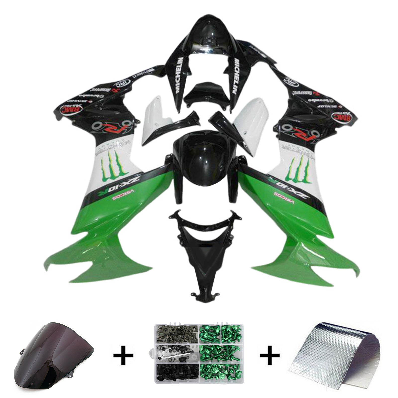 Amotopart 2008-2010 Kawasaki ZX10R Kit de carenado verde blanco negro brillante