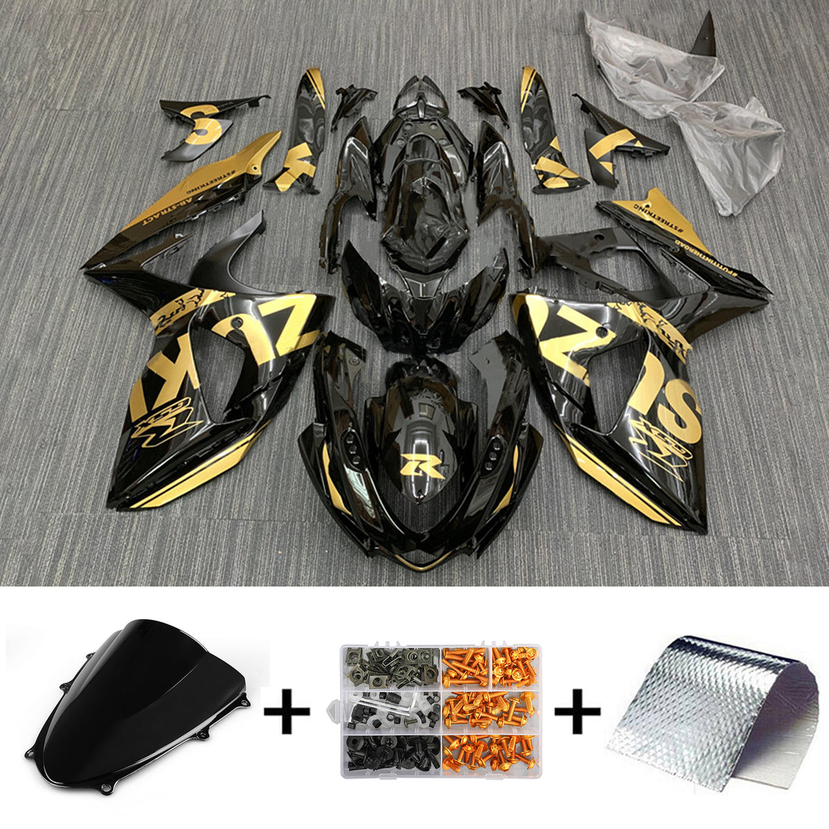 Amotopart 2009-2016 K9 GSXR1000 Suzuki Kit de carénage noir avec accents dorés