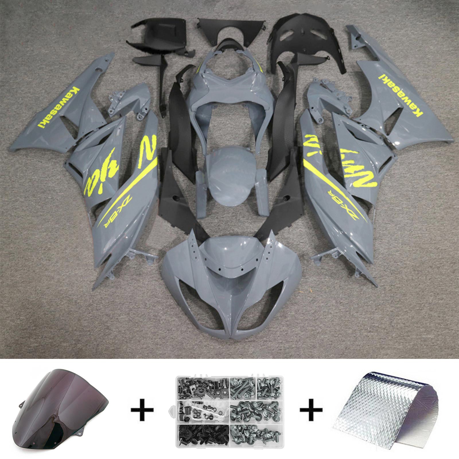 Amotopart Kawasaki 2009-2012 ZX6R 636 Kit de carenado gris y amarillo